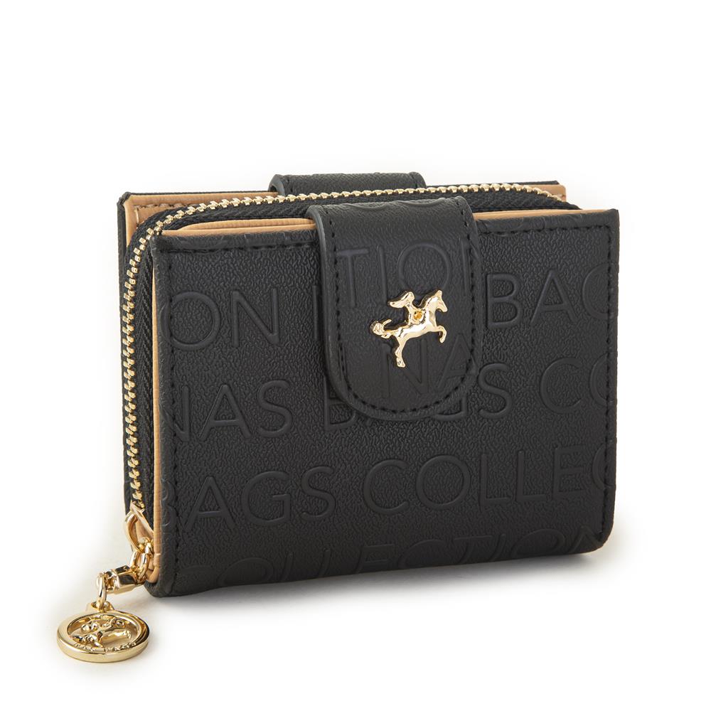 Nas Bag Kadın Çift Kapaklı Mini Cüzdan Siyah Camel Gofraj