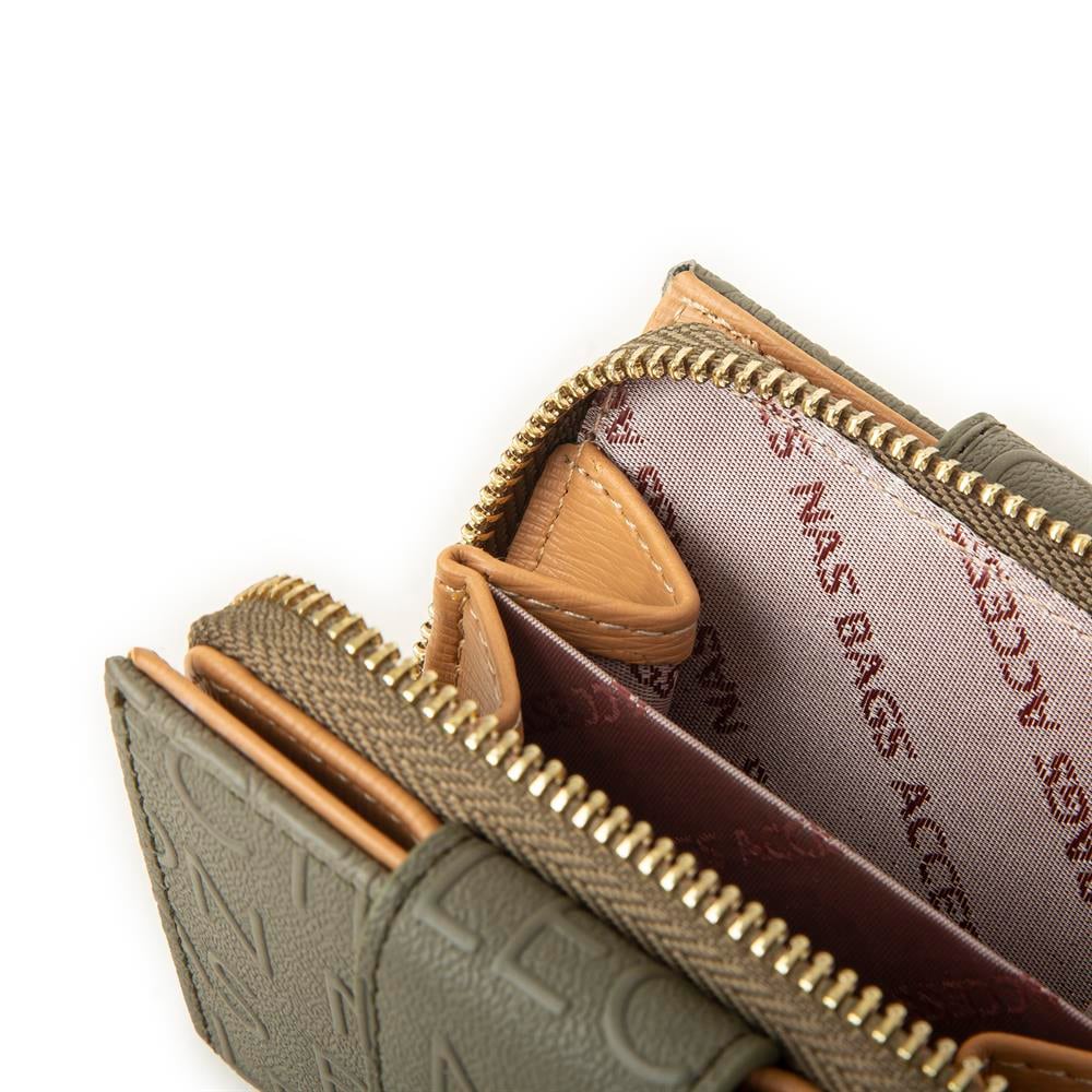 Nas Bag Kadın Çift Kapaklı Mini Cüzdan Yeşil Camel Gofraj