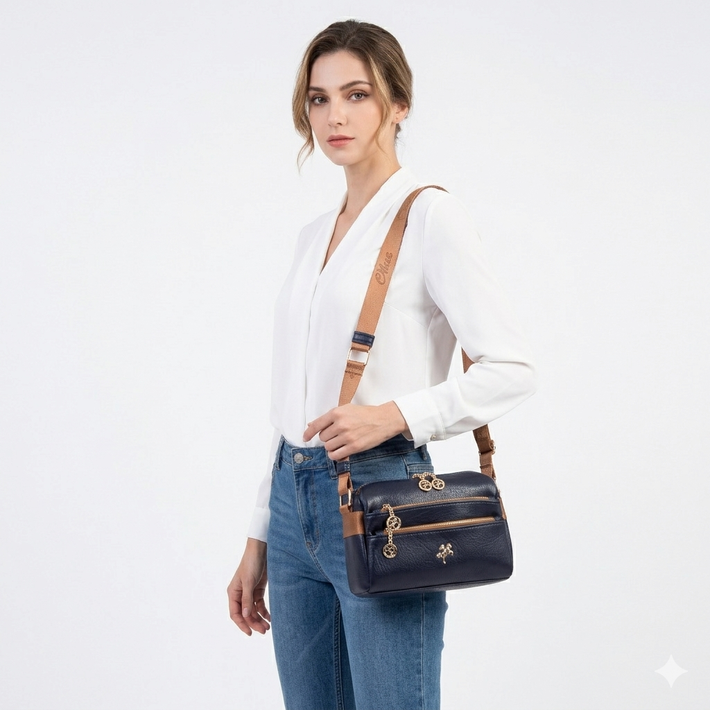 Nas Bag Kadın  Çok Bölmeli Orta Boy Çapraz Omuz Çantası Lacivert Taba Victoria
