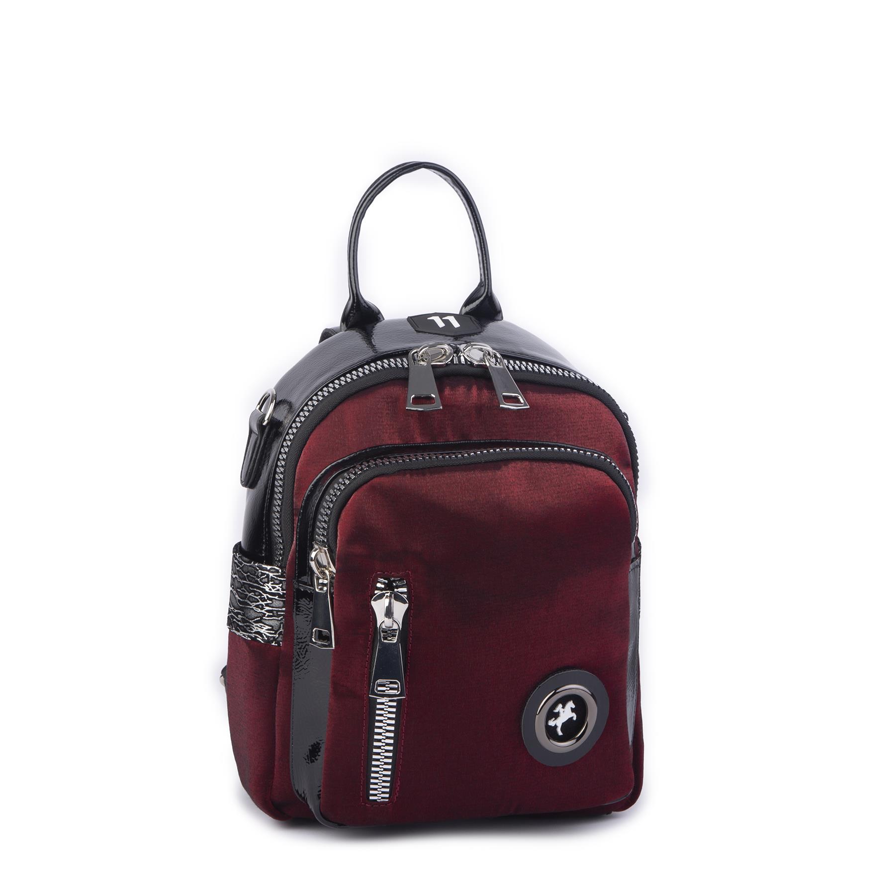 Nas Bag Kadın Dönüştürülebilir Sırt ve Omuz Çantası Şık Geniş Fermuarlı Çanta (24x31x14 cm) Bordo  Simli