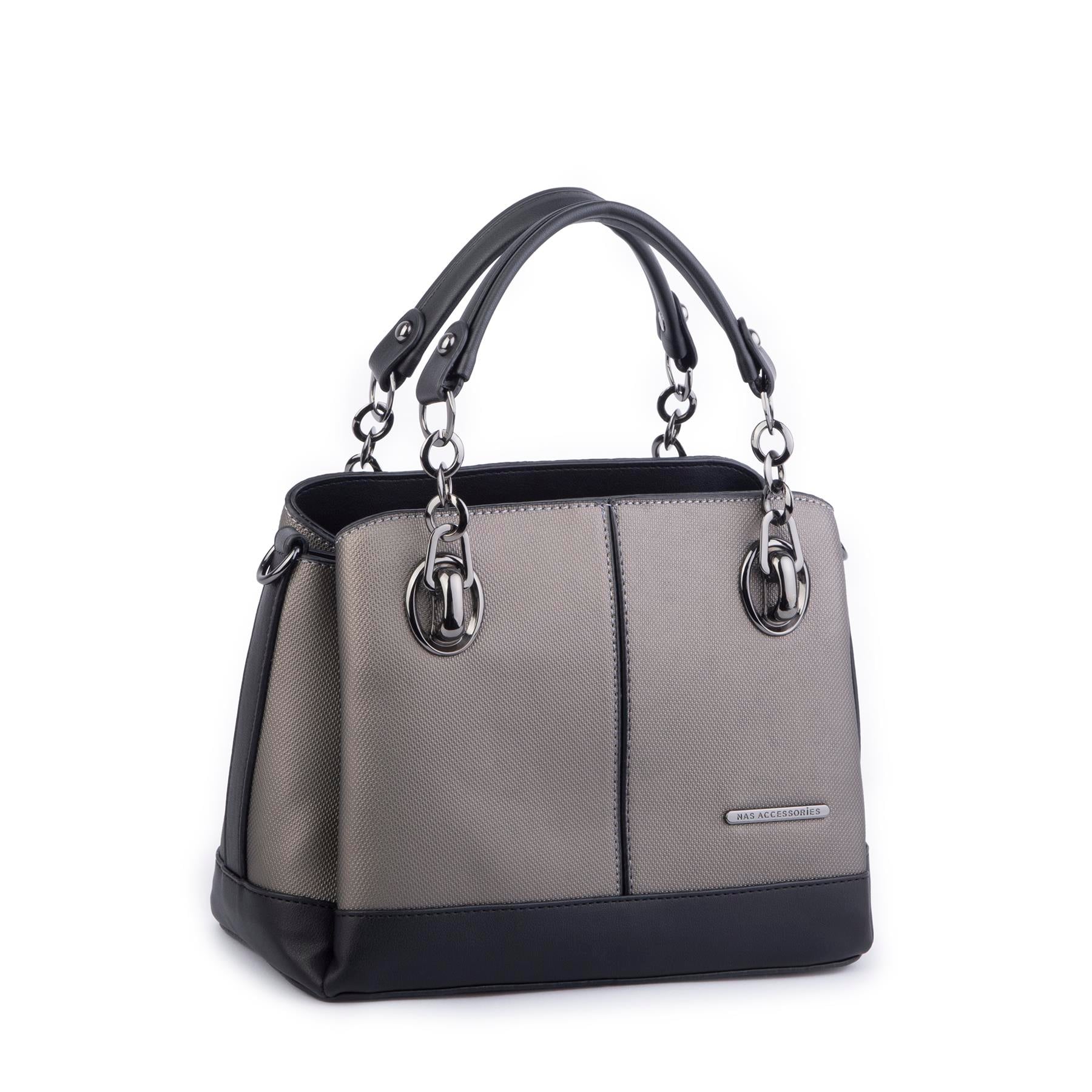 Nas Bag Kadın El ve Omuz Çantası Gri Siyah Lacst  (en:28 cm ; boy:21 cm )