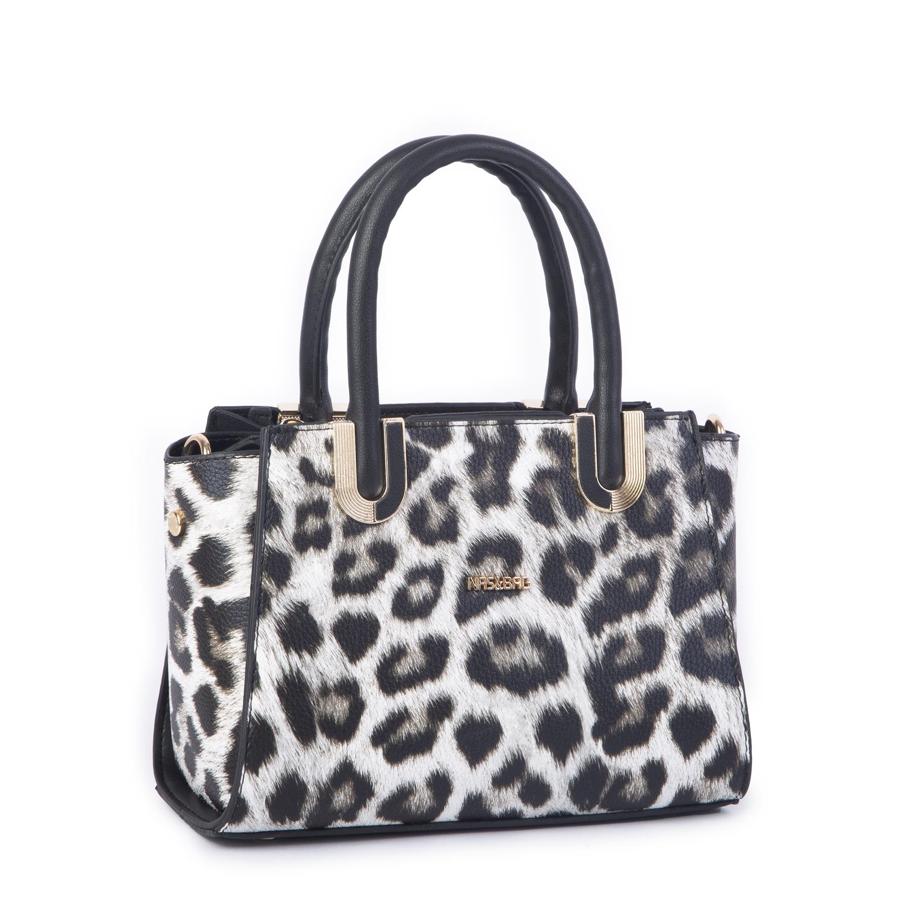 Nas Bag Kadın Midiboy Şık Üç Bölmeli  El ve Çapraz Çanta  Siyah Leopar  (23x17 cm)