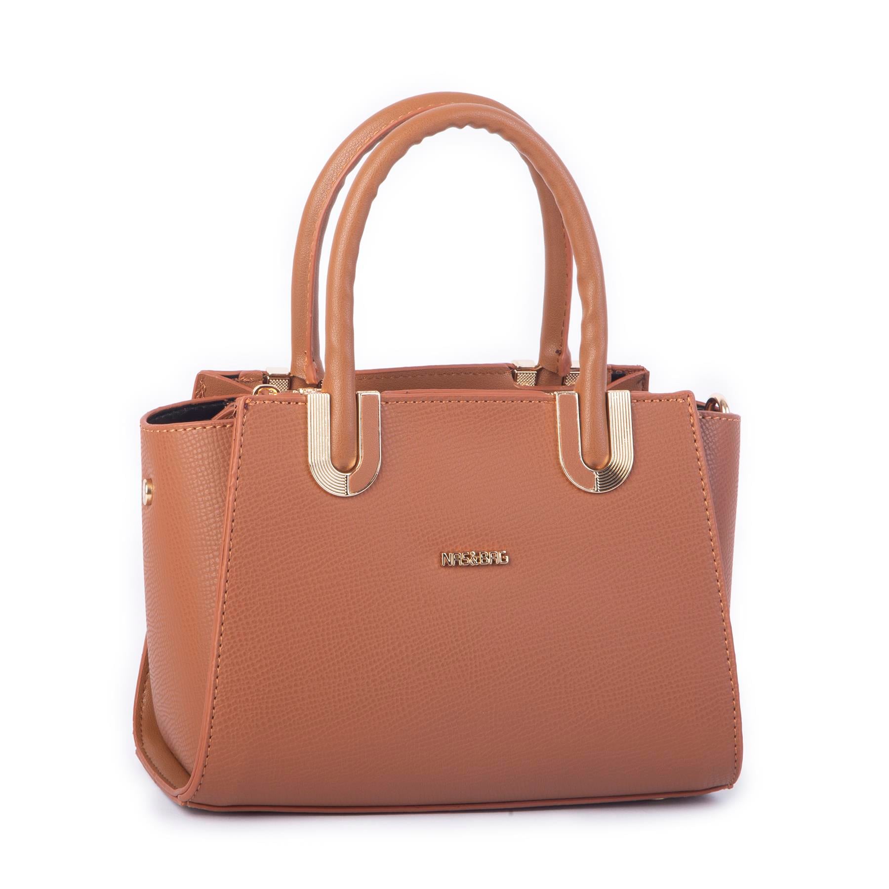 Nas Bag Kadın Midiboy Şık Üç Bölmeli  El ve Çapraz Çanta  Taba Liza  (23x17 cm)