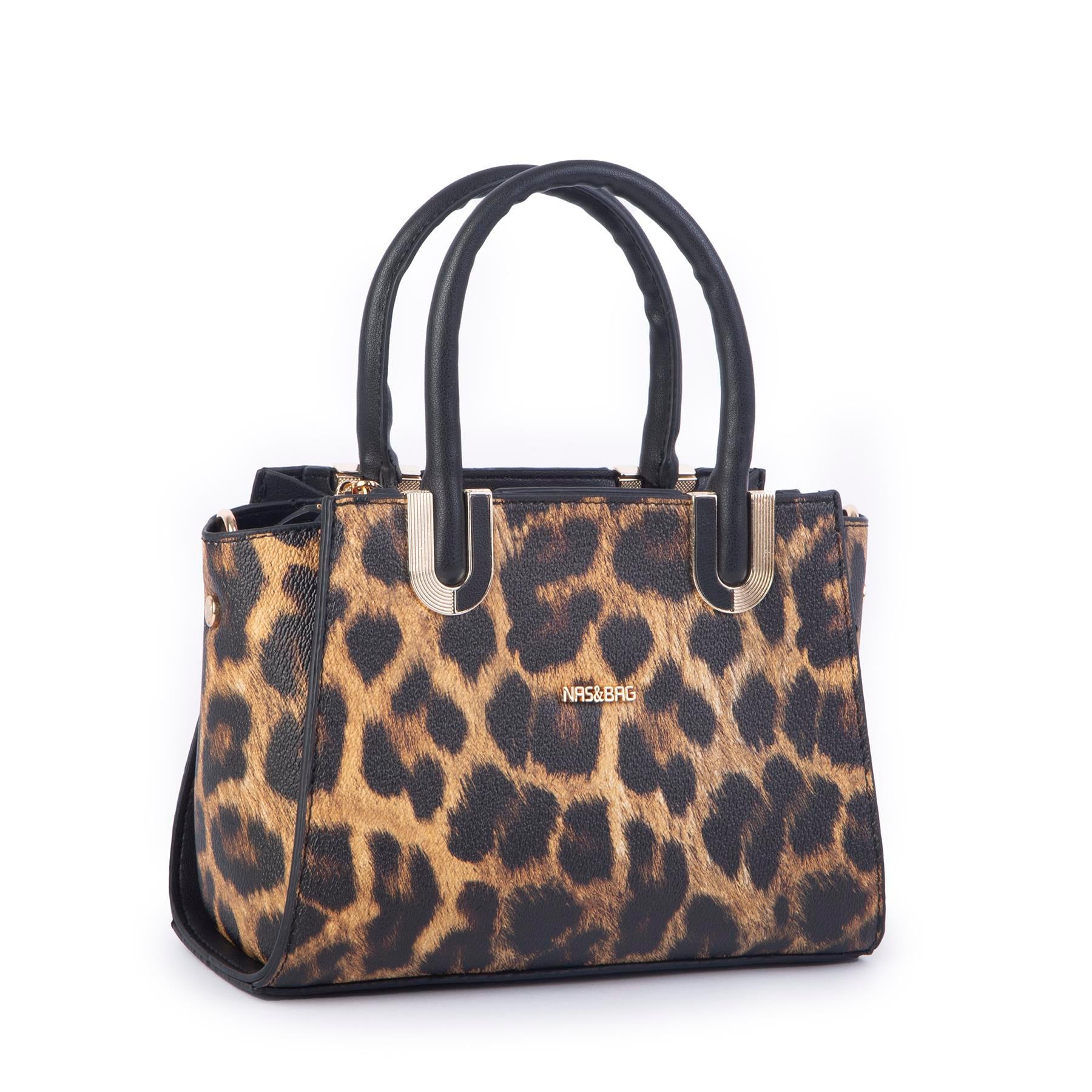 Nas Bag Kadın Midiboy Şık Üç Bölmeli  El ve Çapraz Çanta  Taba Leopar   (23x17 cm)