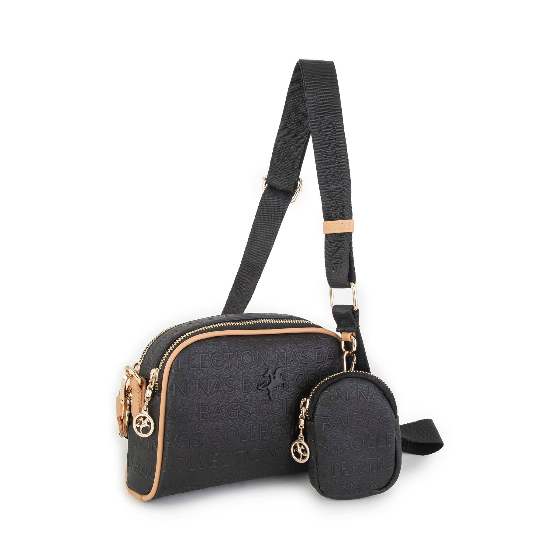 Nas Bag Kadın Mini Çapraz Çantası Siyah Camel  Gofraj 