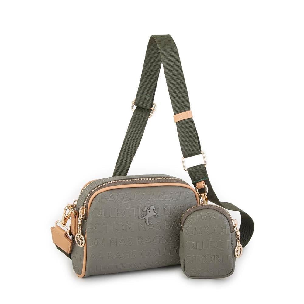 Nas Bag Kadın Mini Çapraz Çantası Yeşil Camel Gofraj
