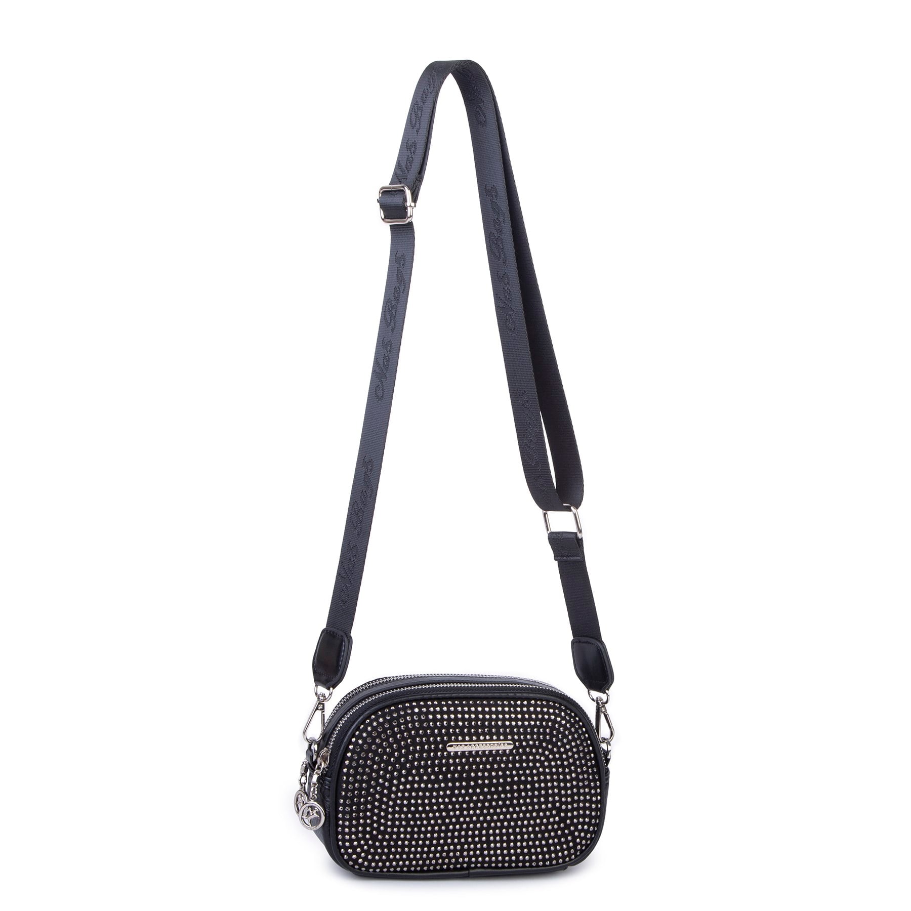 Nas Bag Kadın Mini Çapraz Çift Gözlü Çanta Siyah Gümüş Taşlı