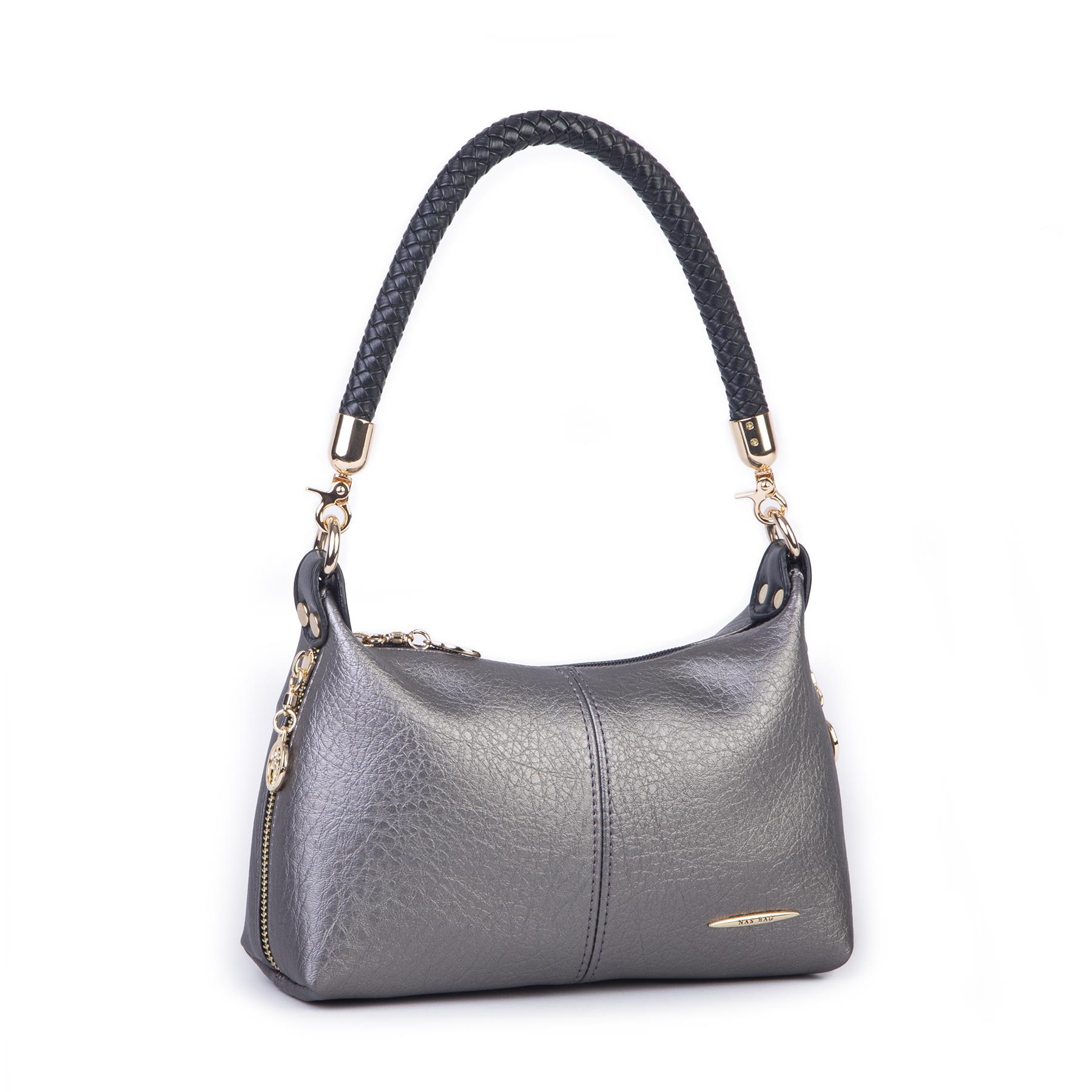 Nas Bag Kadın Mini Omuz ve Çapraz Çanta Örgülü Askılı (en: 23 cm , boy: 14 cm) Gri Siyah Victoria