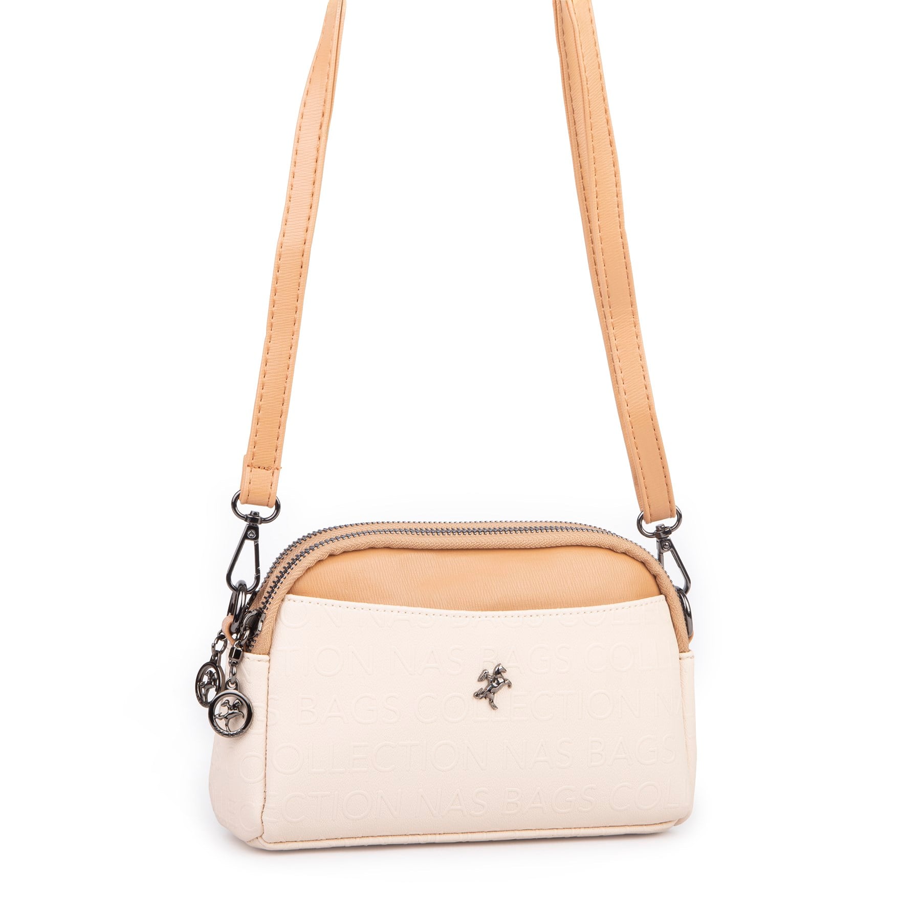 Nas Bag Kadın Mini  Şık Çapraz Çanta  Krem Camel Gofraj