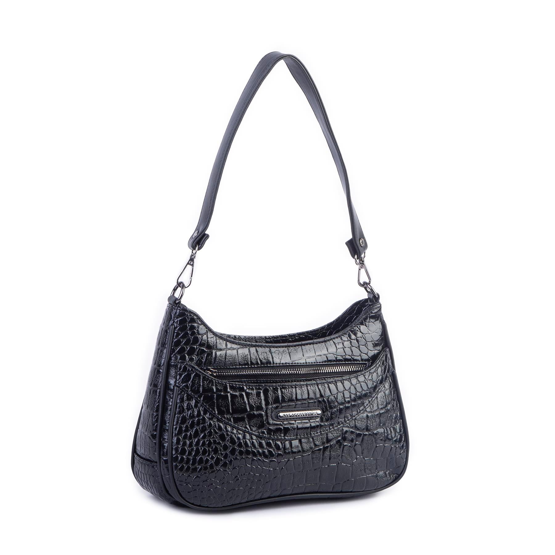 Nas Bag Kadın Omuz ve Çapraz Baget Çanta Siyah Kroko ( 28x17  cm)