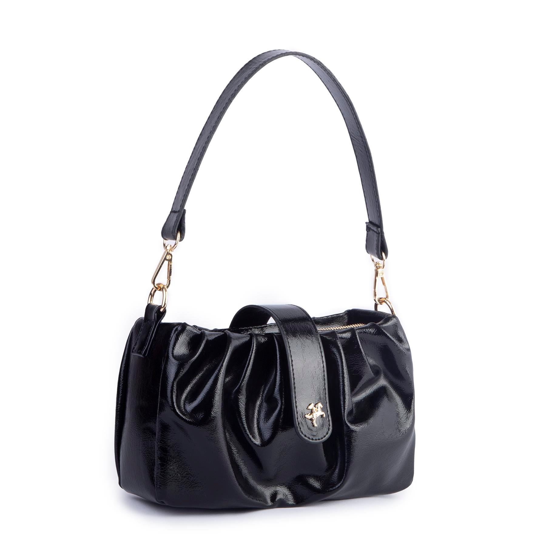 Nas Bag Kadın Omuz ve Çapraz Çanta Çift Askılı Siyah  Krşk Rugan  (24x18cm)