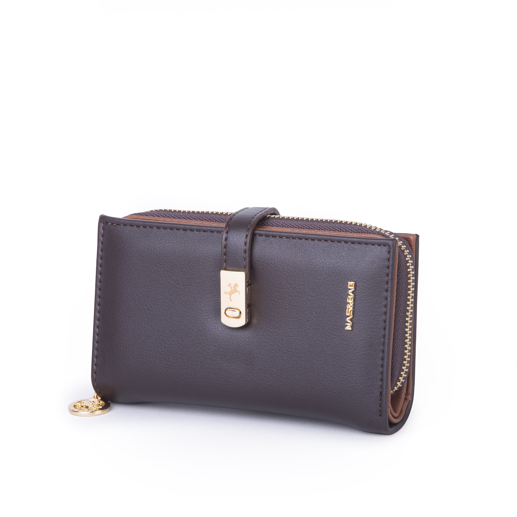 Nas Bag Kadın Orta Boy Kartlık Kağıt Para ve Bozuk Para Tasarımına Sahip Kahve Taba Dona [16x9 cm]