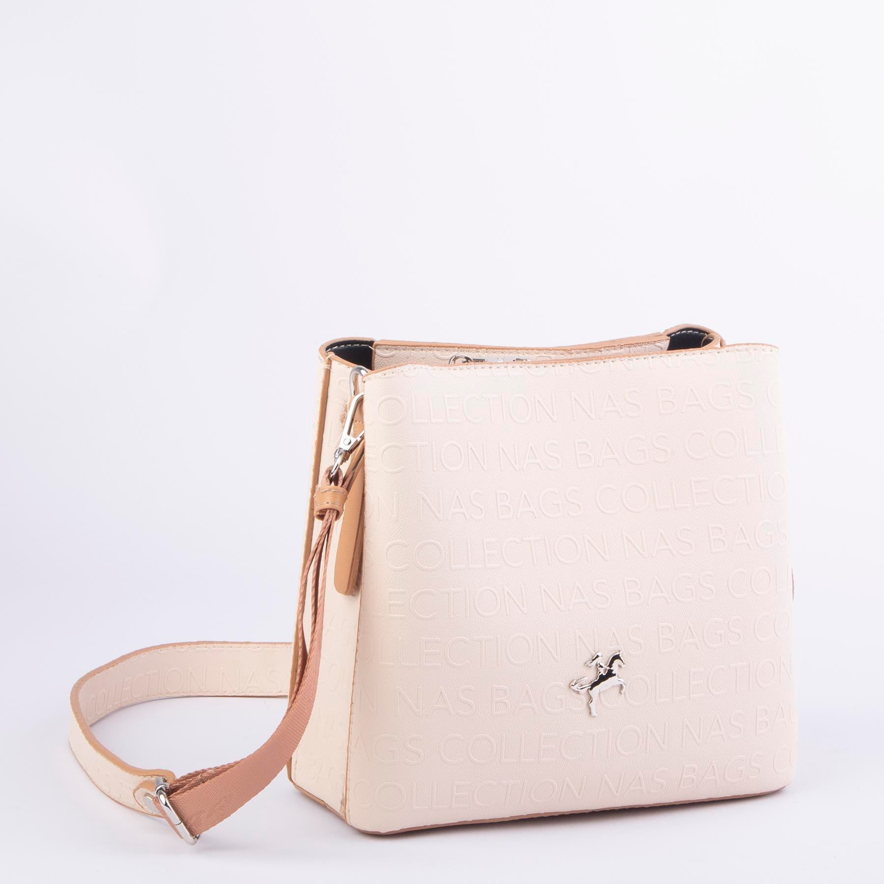 Nas Bag Kadın Postacı Çanta Çift Askılı Krem Camel Gofraj