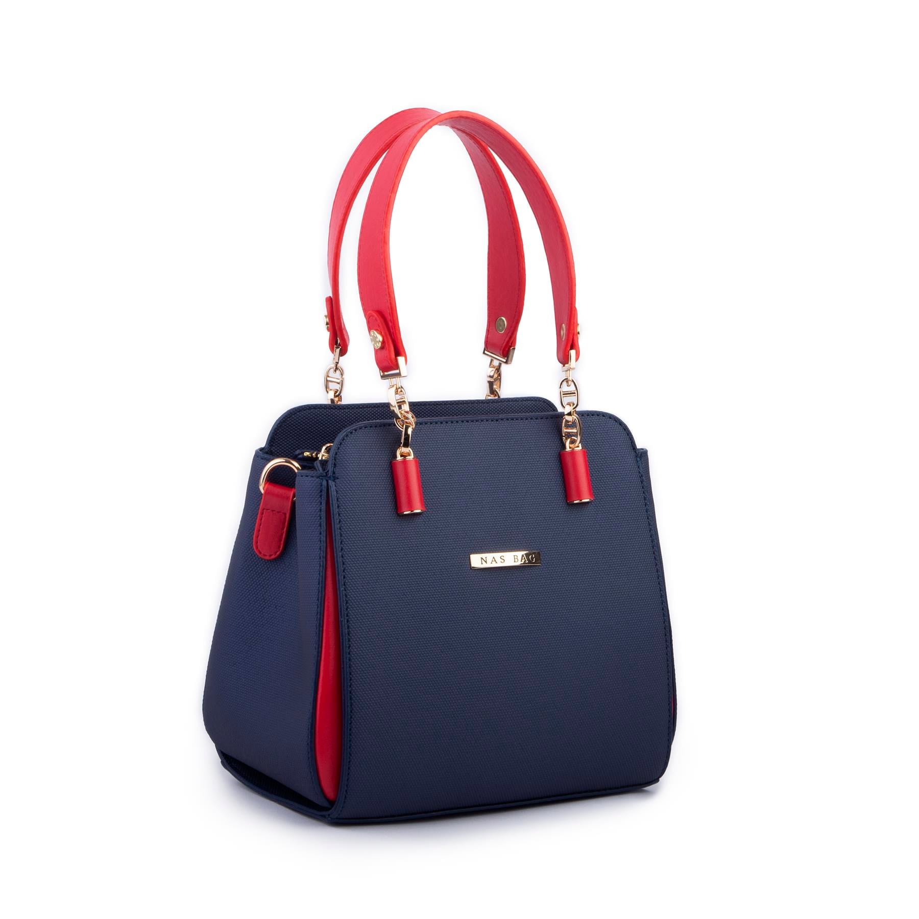 Nas Bag Kadın Sade ve Şık El ve Omuz Çantası Lacivert Kırmızı  Lacst  (Ölçüsü:24x21x16)