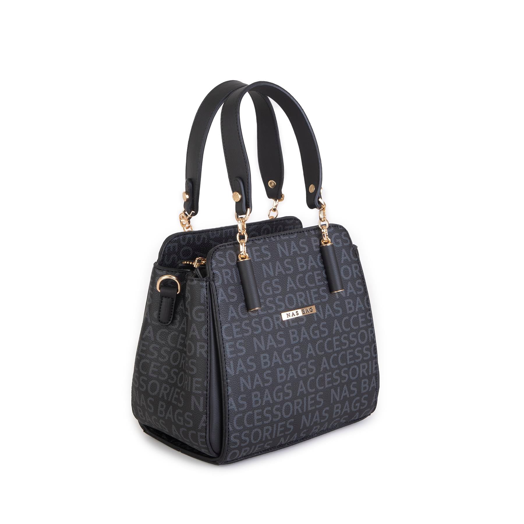 Nas Bag Kadın Sade ve Şık El ve Omuz Çantası Siyah Yazılı  (Ölçüsü:24x21x16)
