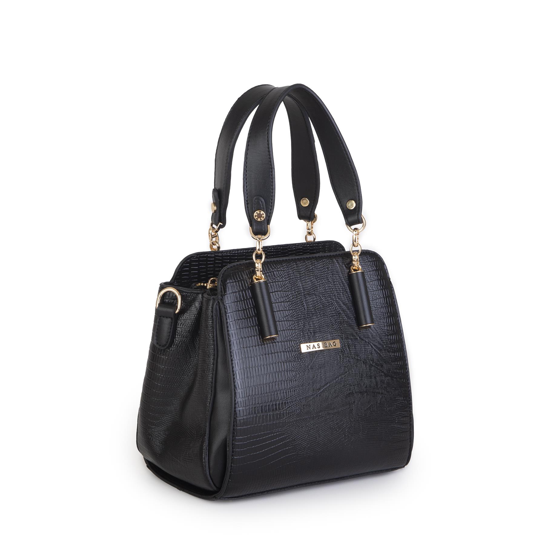Nas Bag Kadın Sade ve Şık El ve Omuz Çantası Siyah Lazer  (Ölçüsü:24x21x16))