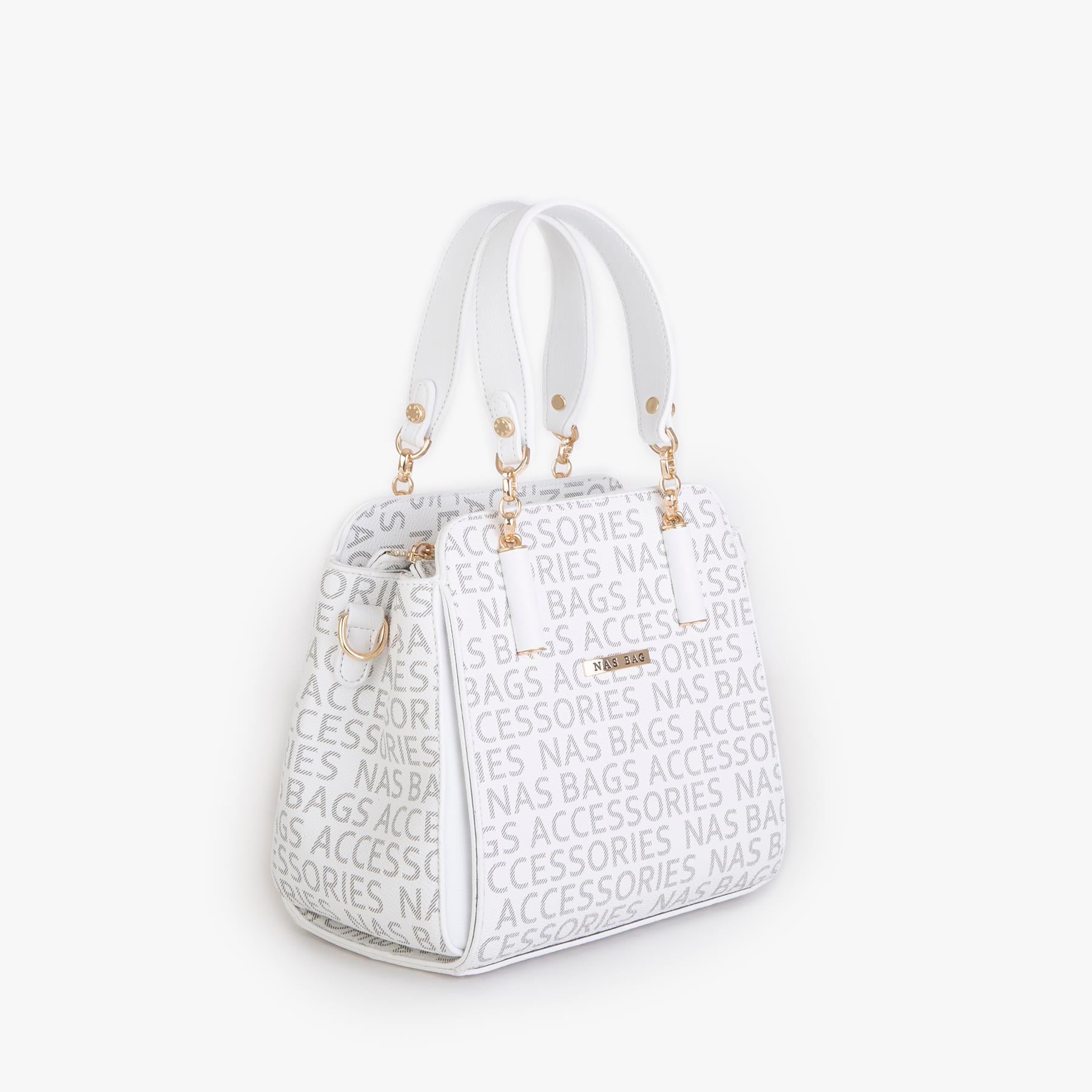Nas Bag Kadın Sade ve Şık El ve Omuz Çantası Beyaz  Yazılı  (Ölçüsü:24x21x16)