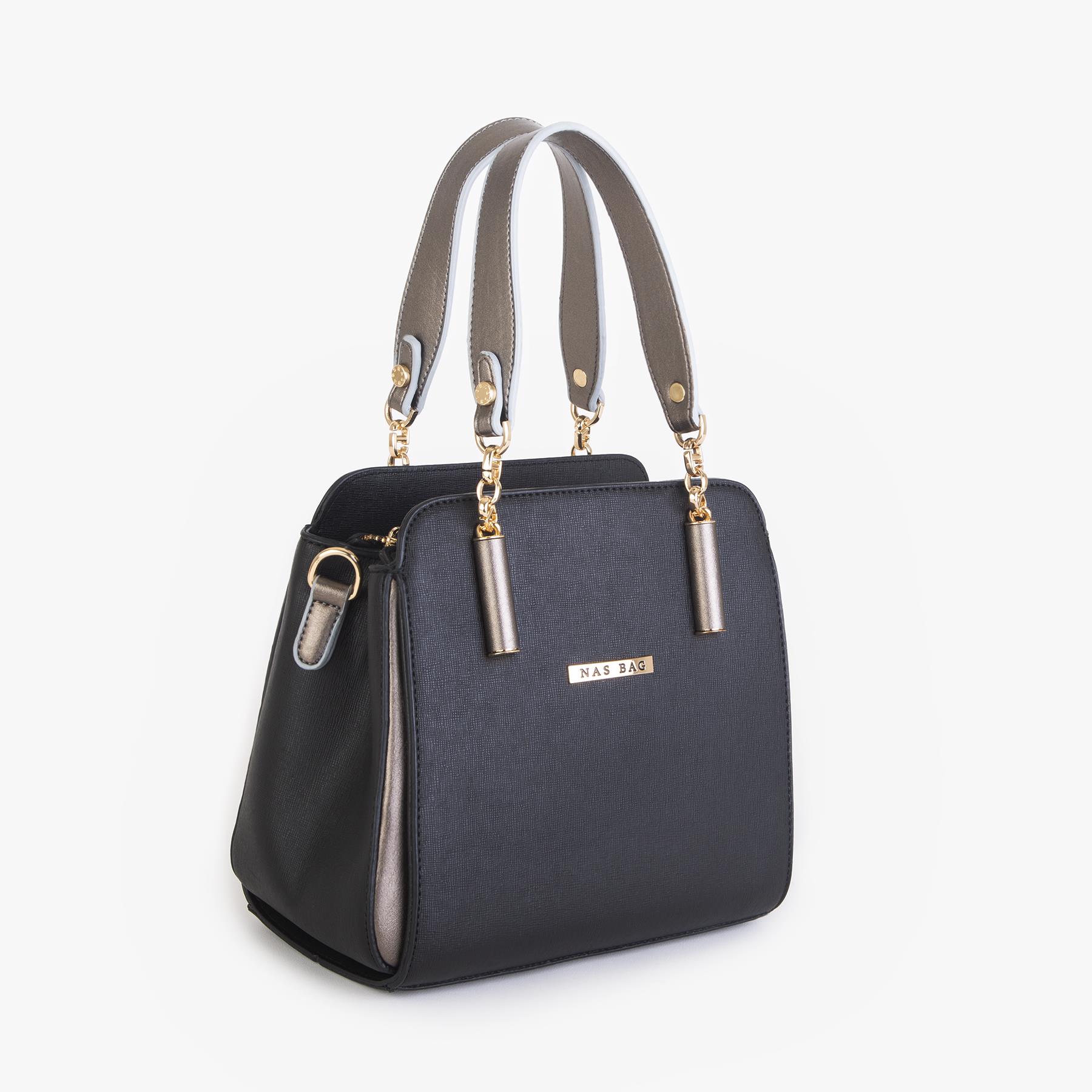 Nas Bag Kadın Sade ve Şık El ve Omuz Çantası Siyah Gri  Mngo  (Ölçüsü:24x21x16)