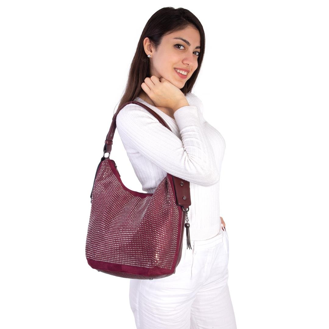 Nas Bag Kadın Şık Taşlı Omuz Çantası Bordo  Taşlı