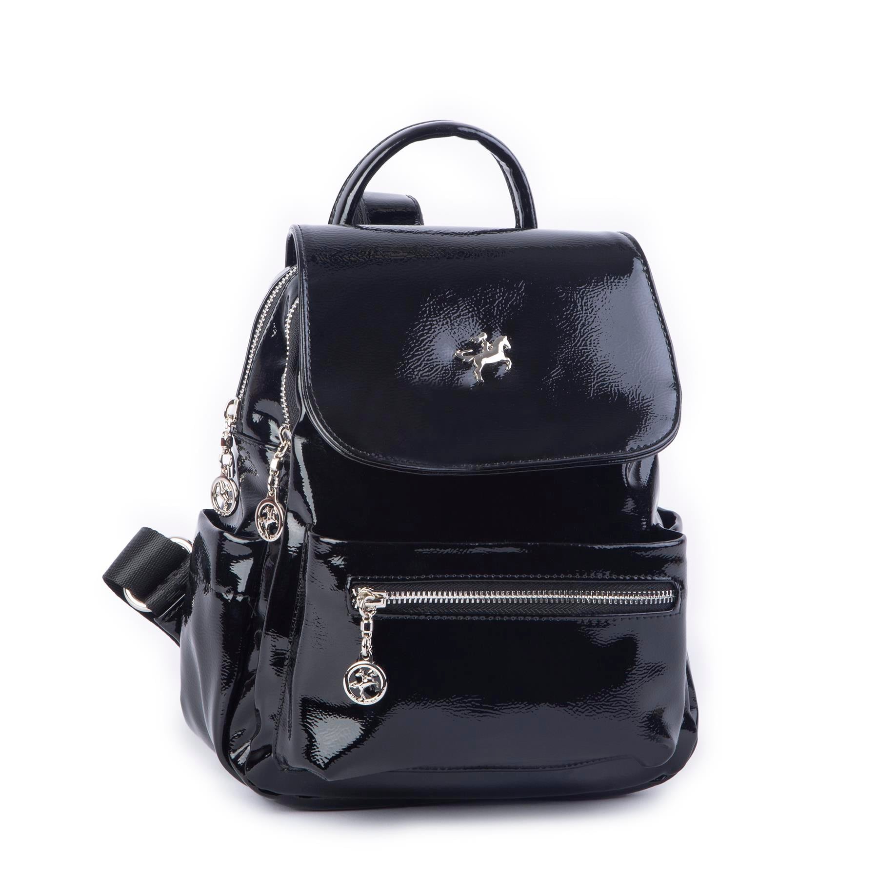 Nas Bag Kadın Sırt Çantası Çift Gözlü Spor Çanta Siyah Kırışık Rugan ( 23x26x14 cm ) 
