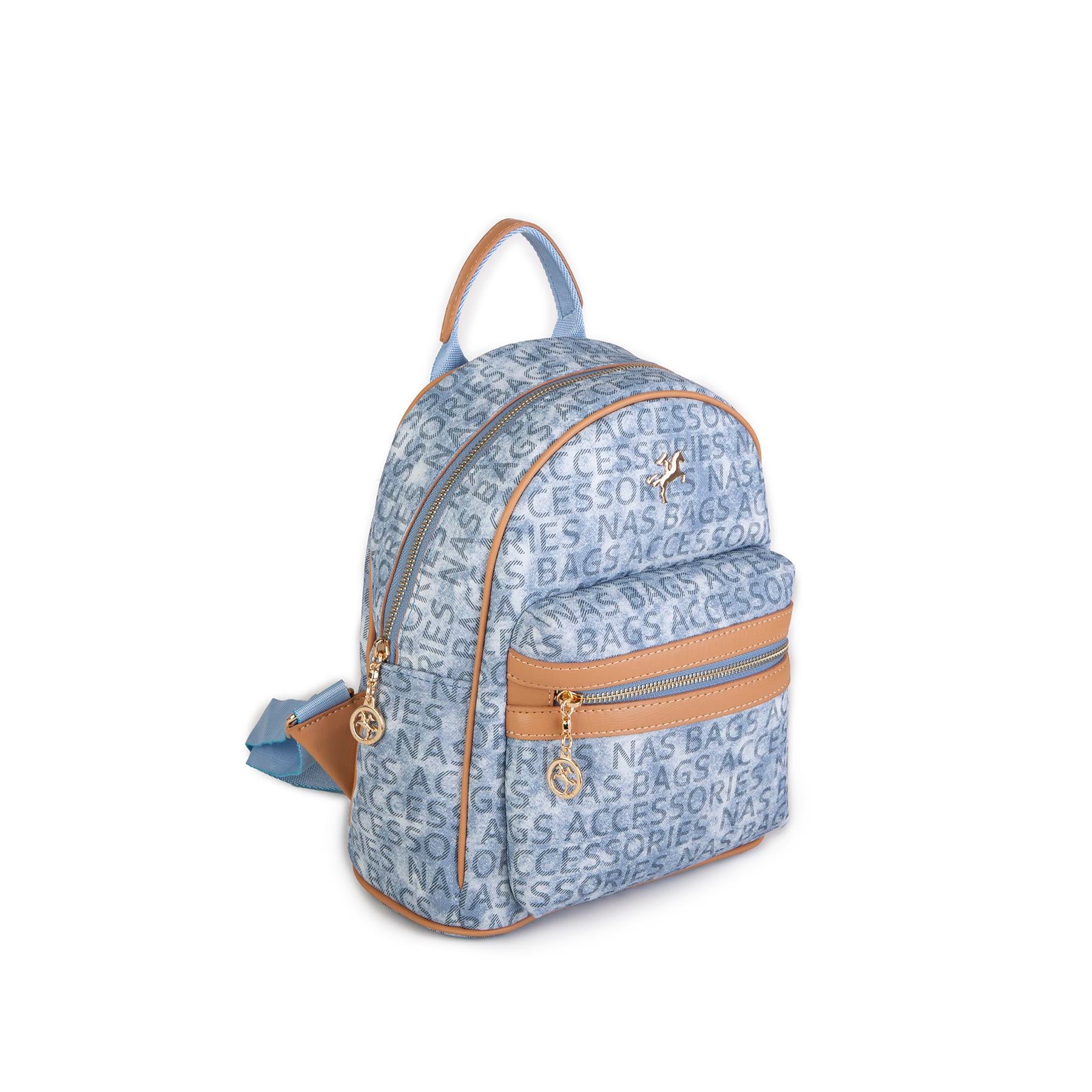 Nas Bag Kadın Sırt Çantası Geniş Hacimli Kot Camel Yazılı
