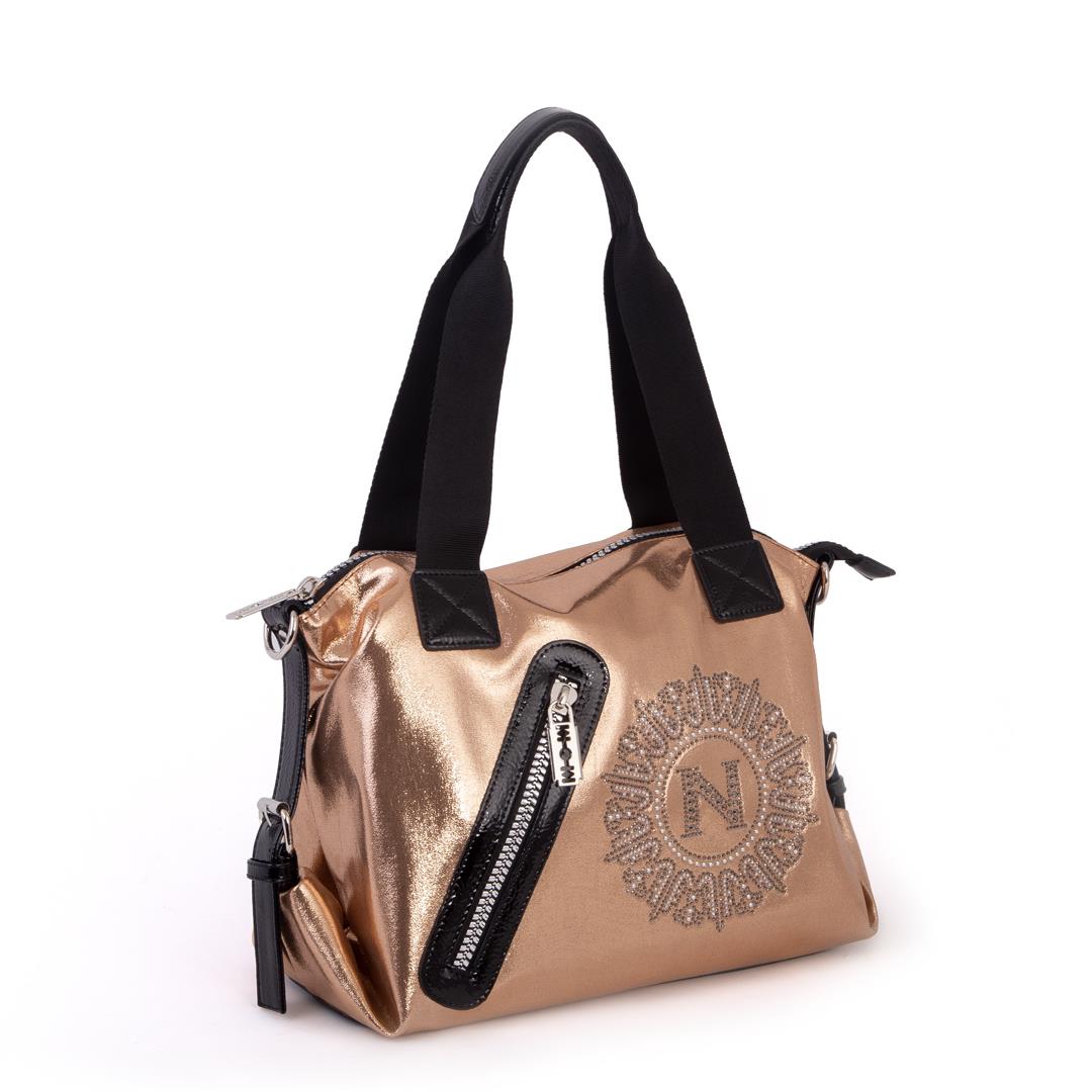 Nas Bag Kadın Taşlı Fermuarlı Şık Omuz Çantası ve Ayarlanabilir Askılı Bakır  Simli(33x30x12 cm)