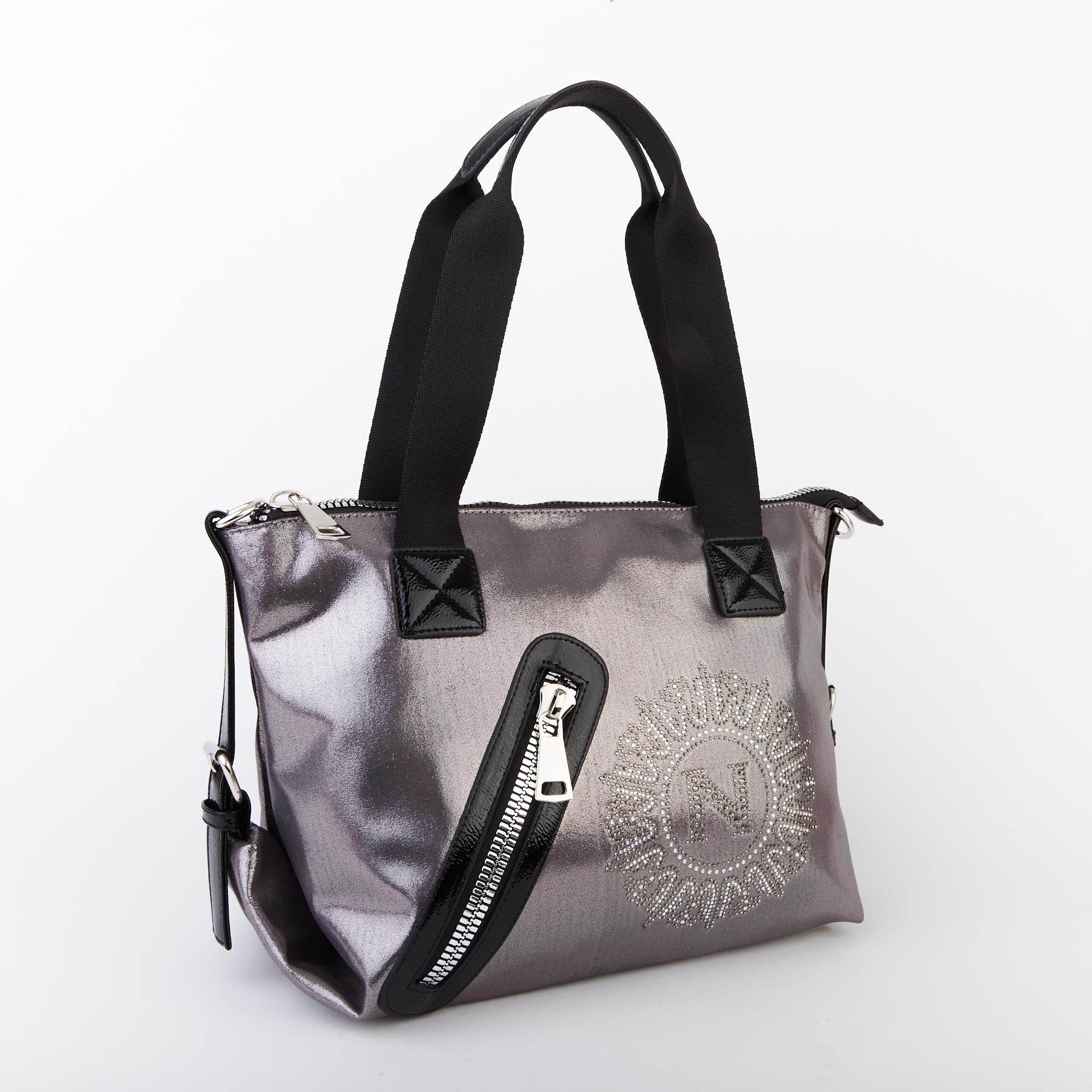 Nas Bag Kadın Taşlı Fermuarlı Şık Omuz Çantası ve Ayarlanabilir Askılı Gri Simli(33x30x12 cm)