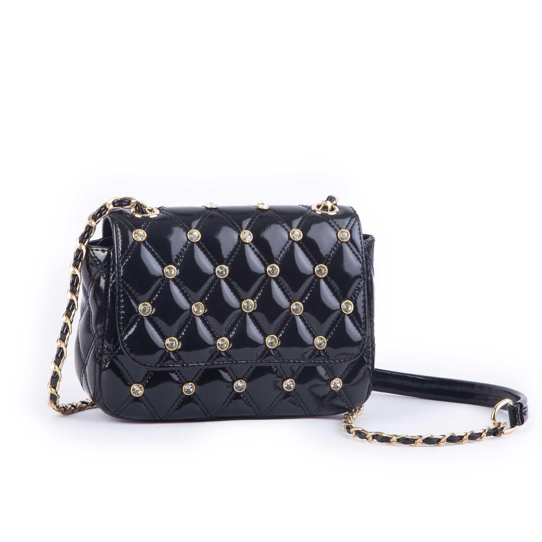 Nas Bag Kadın Taşlı Zincirli Şık Kapitone Çapraz Çanta Siyah Rugan  ( 21x12 cm )