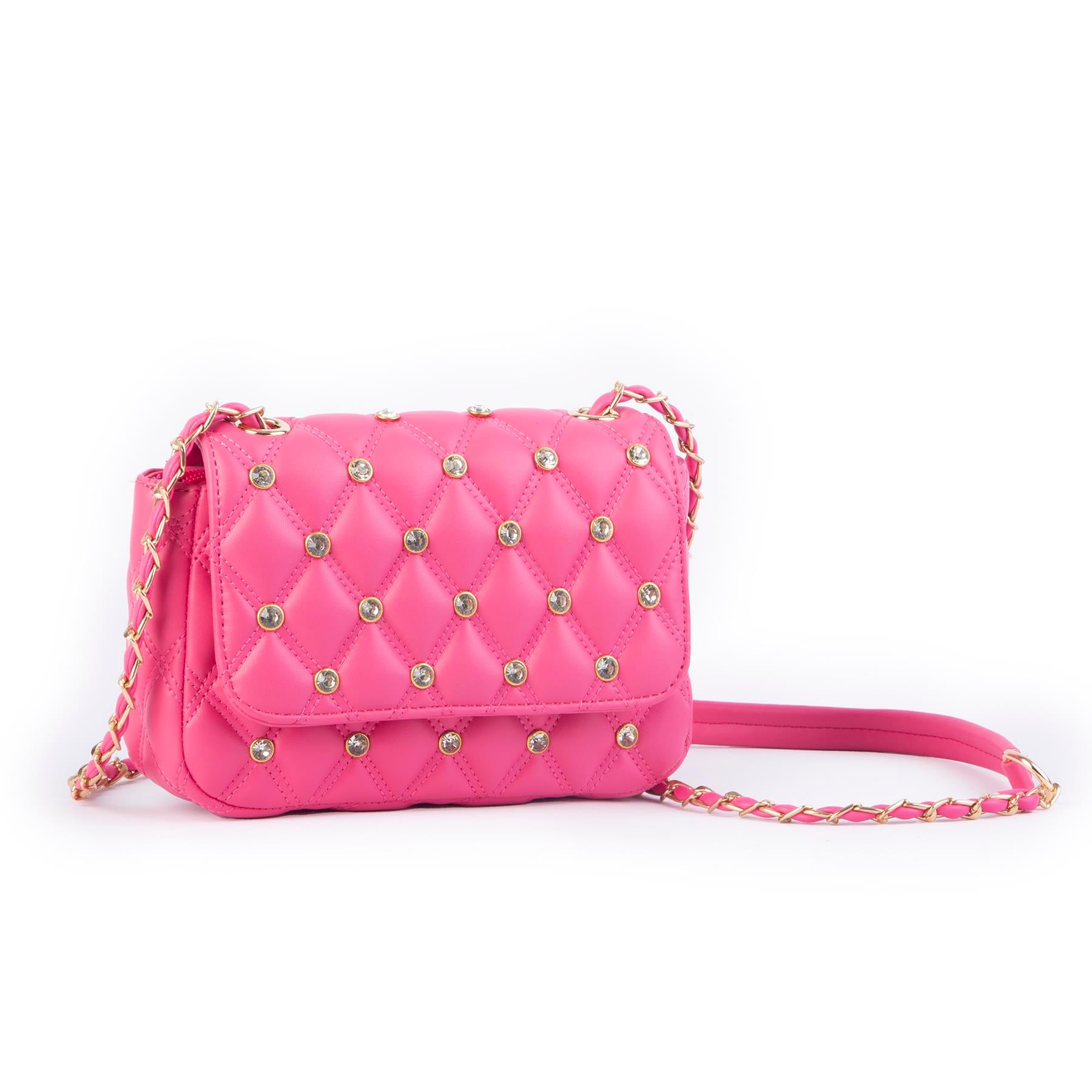 Nas Bag Kadın Taşlı Zincirli Şık Kapitone Çapraz Çanta Fuşya ( 21x12 cm )