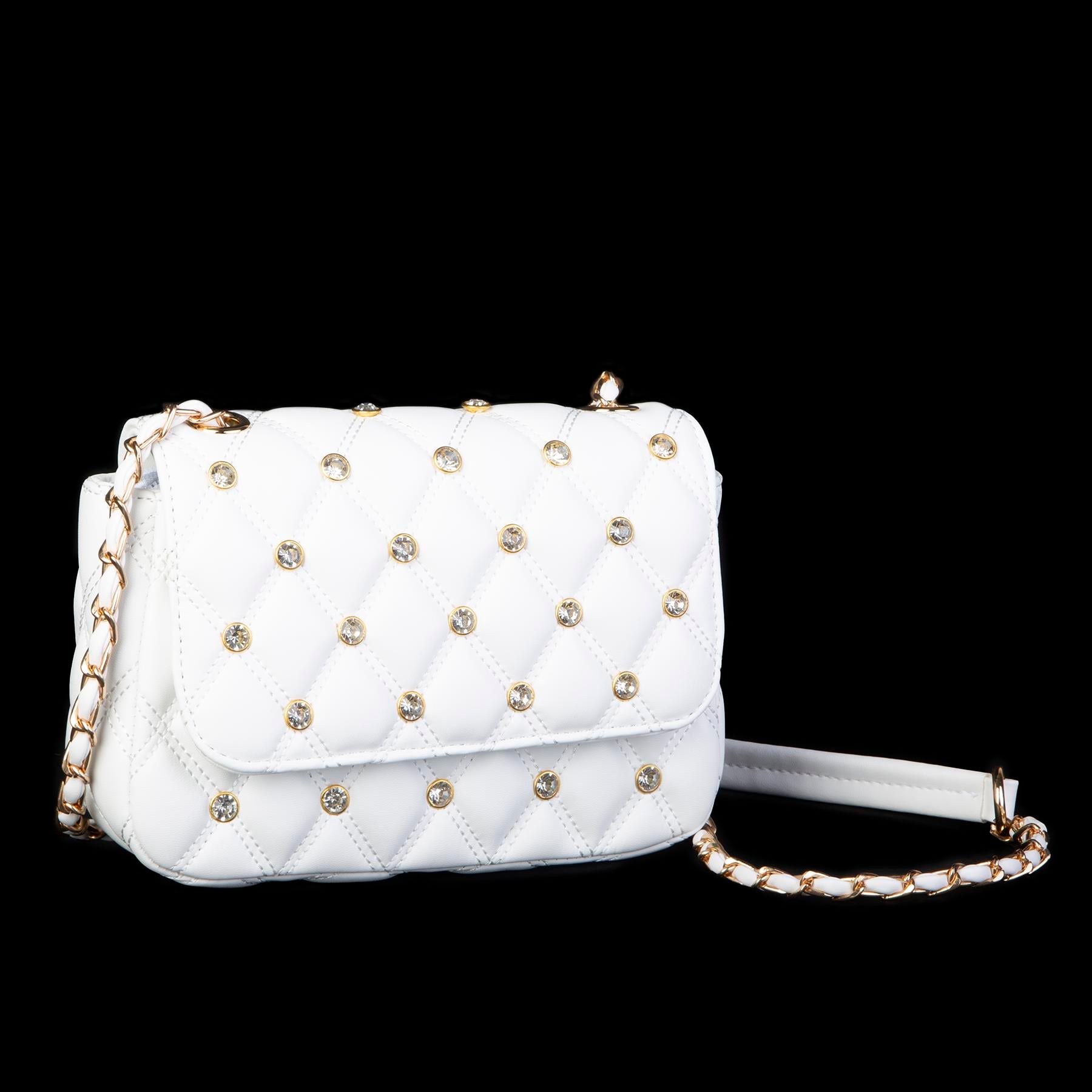 Nas Bag Kadın Taşlı Zincirli Şık Kapitone Çapraz Çanta Beyaz  ( 21x12 cm )