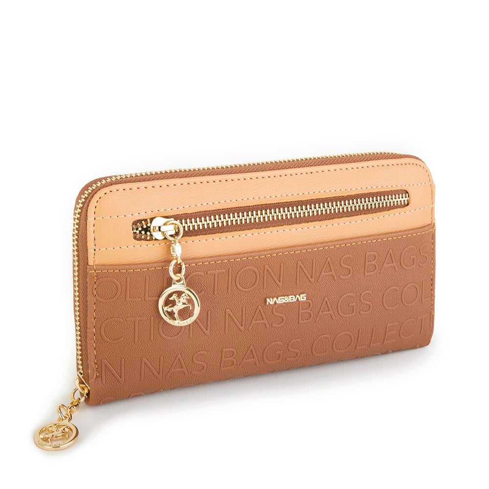 Nas Bag Kadın Yatay Cüzdan Geniş Kullanımlı çift Fermuaarlı Taba Camel Gofraj
