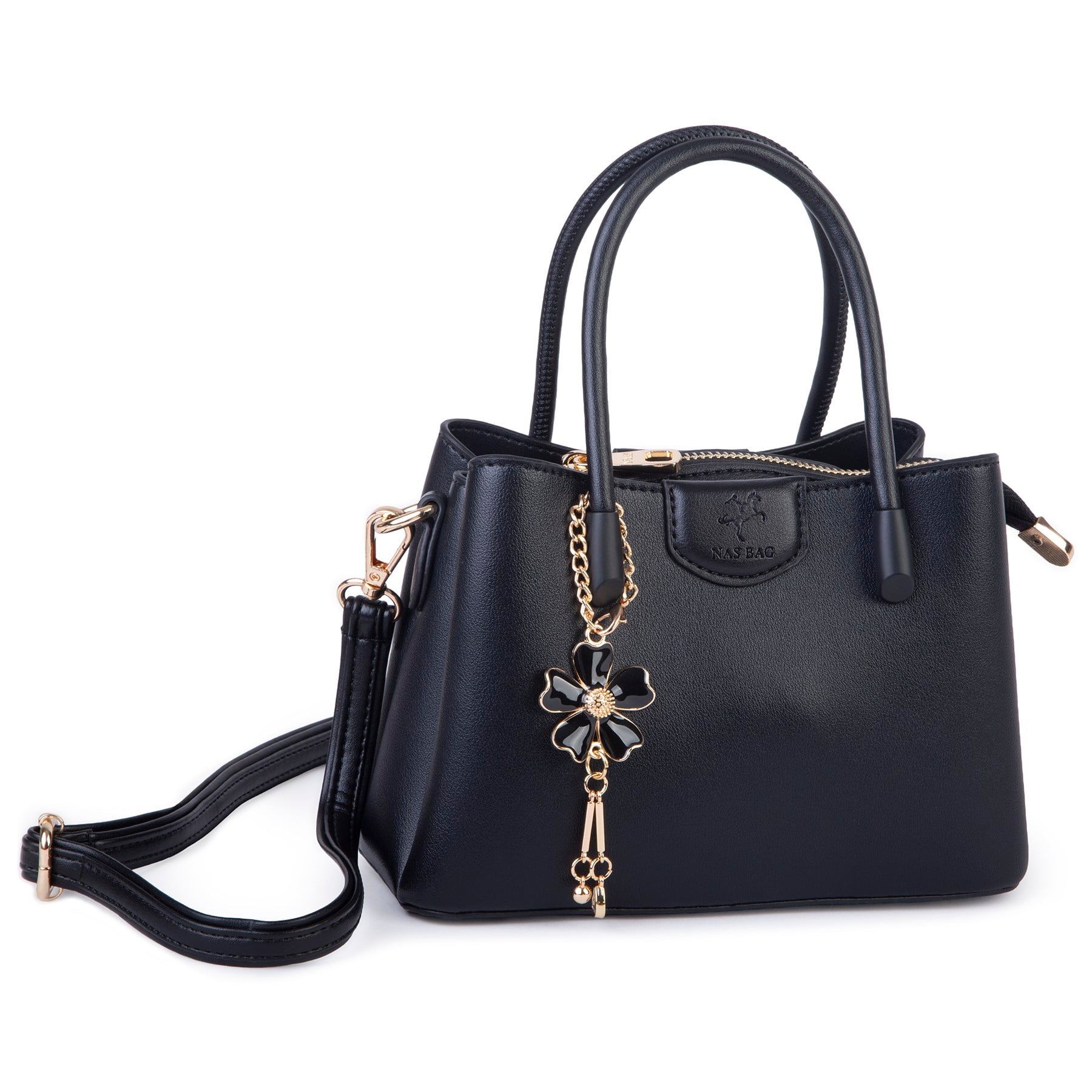 Nas Bag Mini Çiçek Charmlı Kadın  Şık El ve Çapraz Çanta (en 25 cm ;boy 22 cm ) Siyah