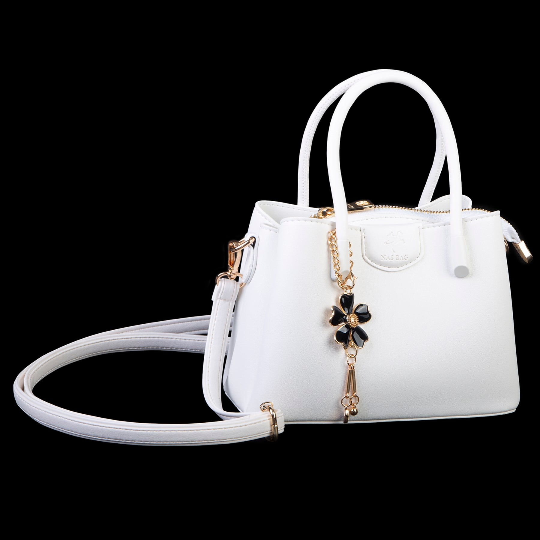 Nas Bag Mini Çiçek Charmlı Kadın  Şık El ve Çapraz Çanta (en 25 cm ;boy 22 cm ) Beyaz