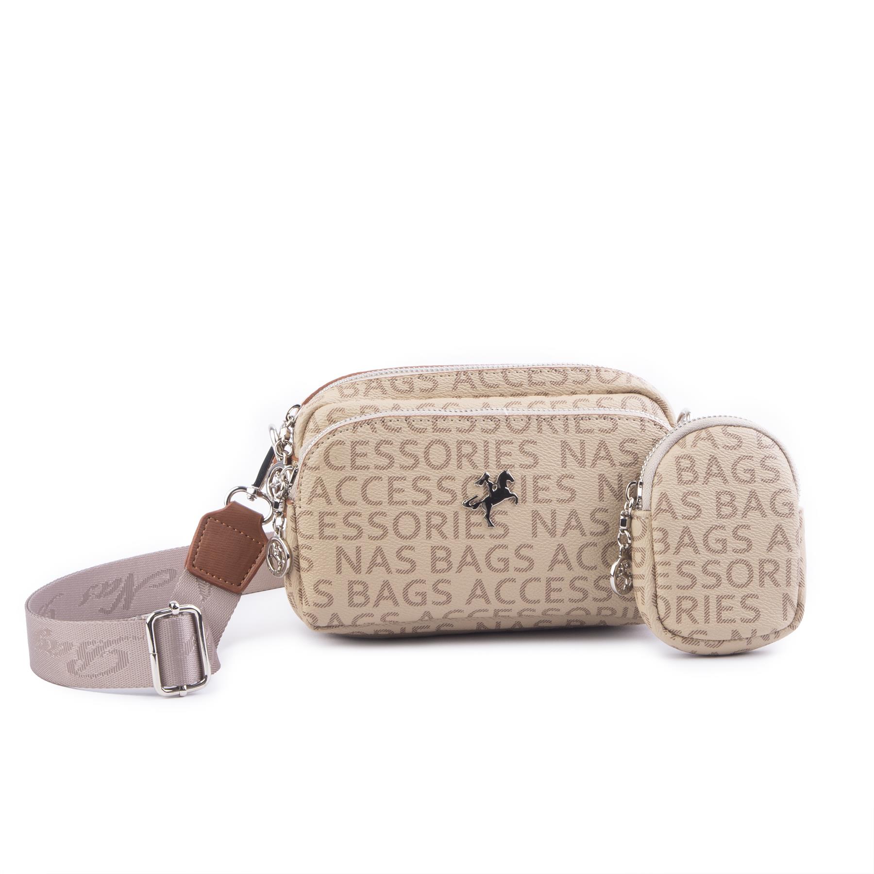 Nas Bag Mini Kadın Çapraz Mini Cüzdanlı At Amblemli Vizon  Taba Yazılı  (eni :20 cm ; boy 14 cm)