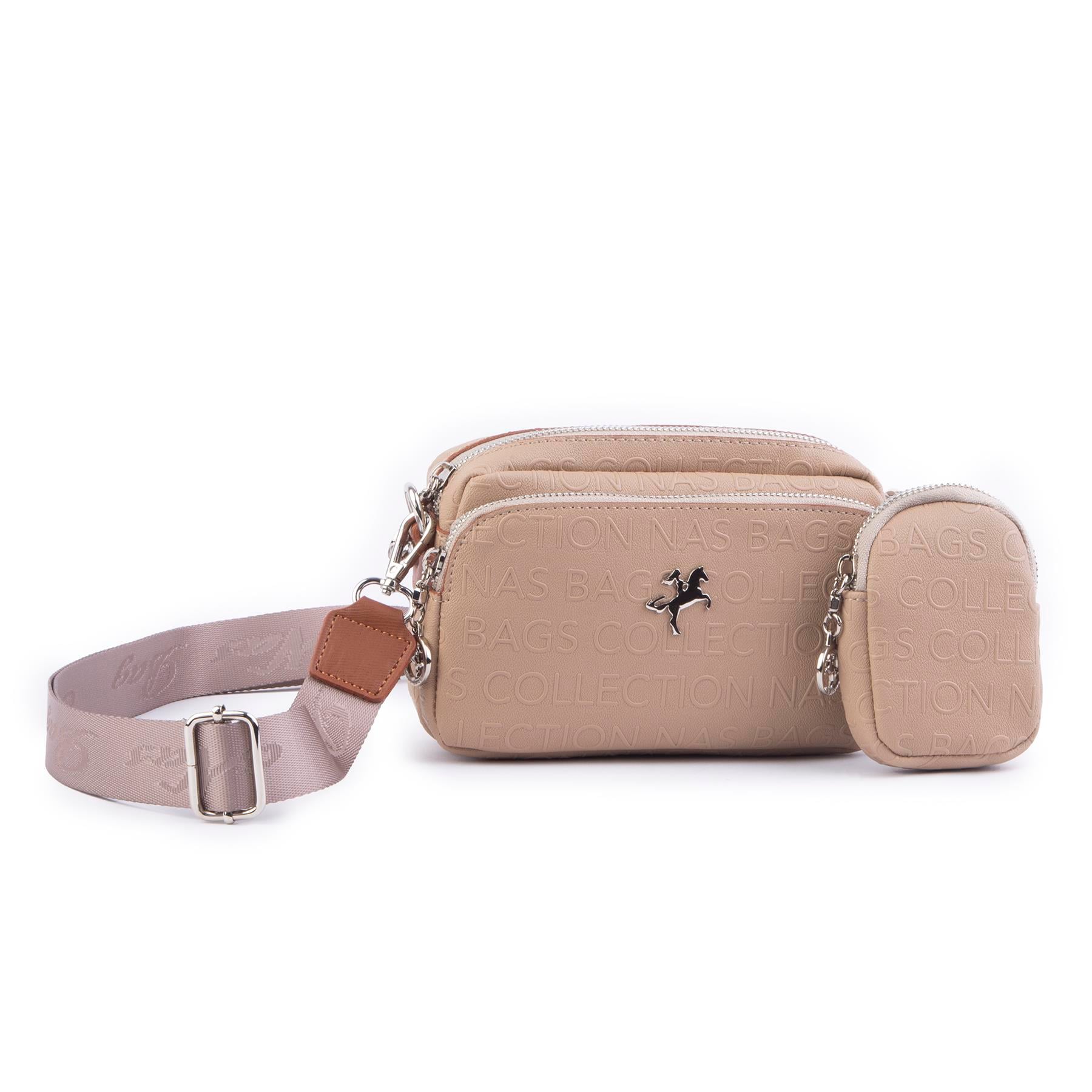 Nas Bag Mini Kadın Çapraz Mini Cüzdanlı At Amblemli Vizon  Taba Gofraj  (eni :20 cm ; boy 14 cm)