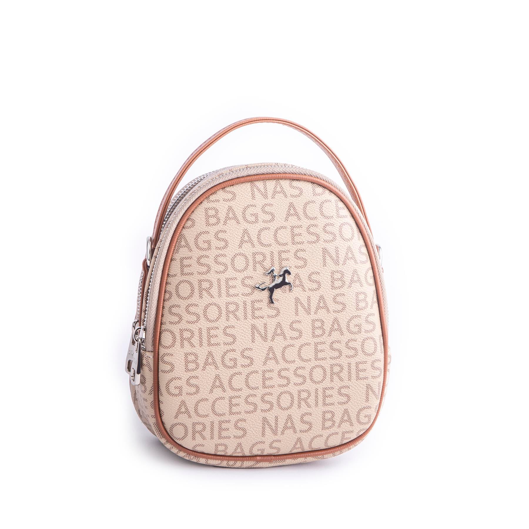 Nas Bag Mini  Kadın Sırt ,El  ve Omuz Çantası Dönüştürülebilir Tasarım Vizon Taba Yazılı   (en:17cm ;boy :22cm) 