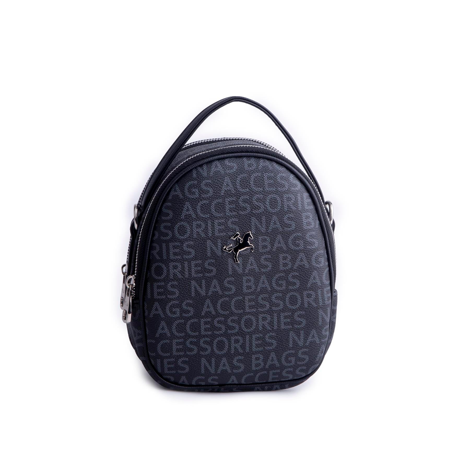 Nas Bag Mini  Kadın Sırt ,El  ve Omuz Çantası Dönüştürülebilir Tasarım Siyah Yazılı  (en:17cm ;boy :22cm) 