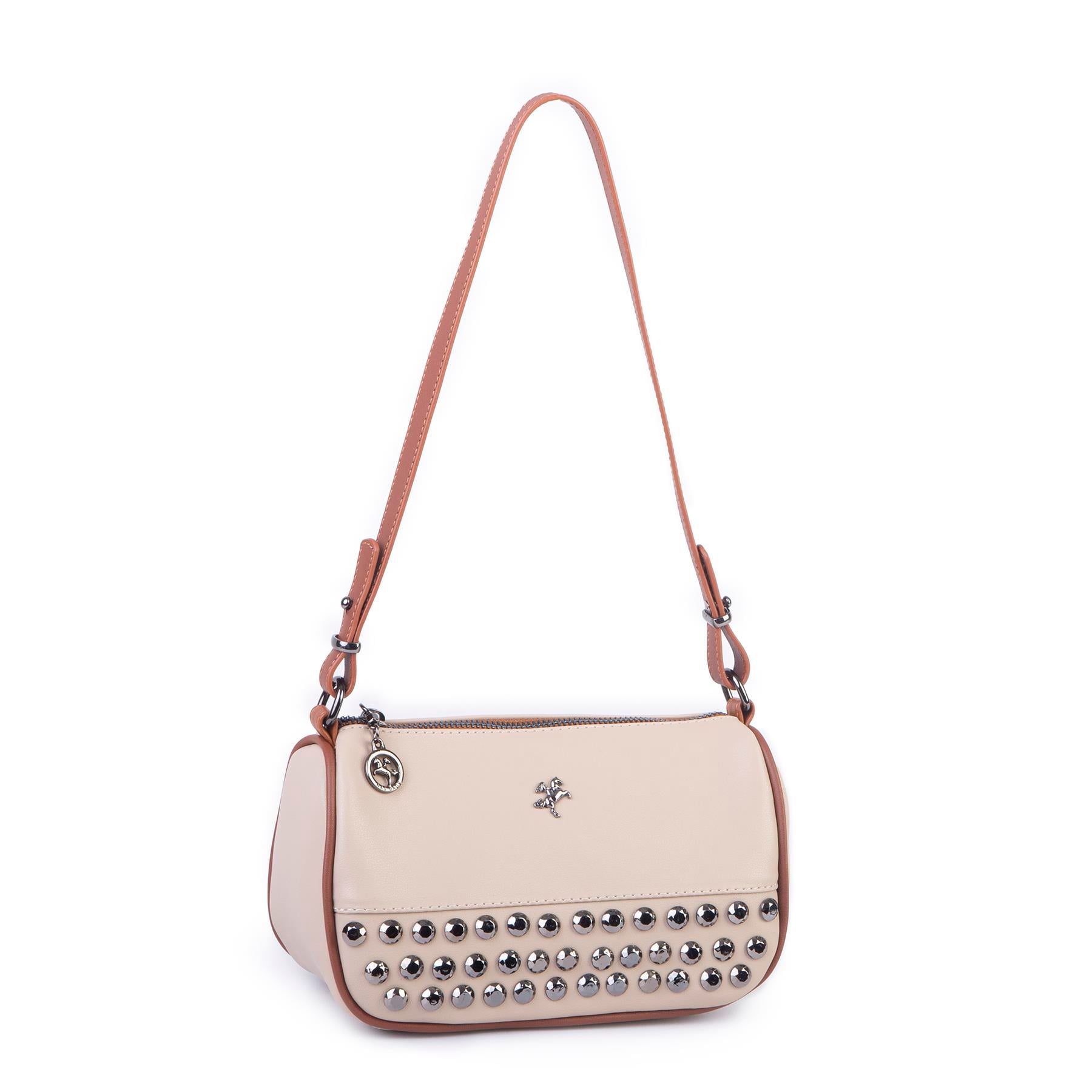 Nas Bag Mini Kadın Taşlı Zımbalı Omuz ve Çapraz Baget Çanta Kum Taba Dona