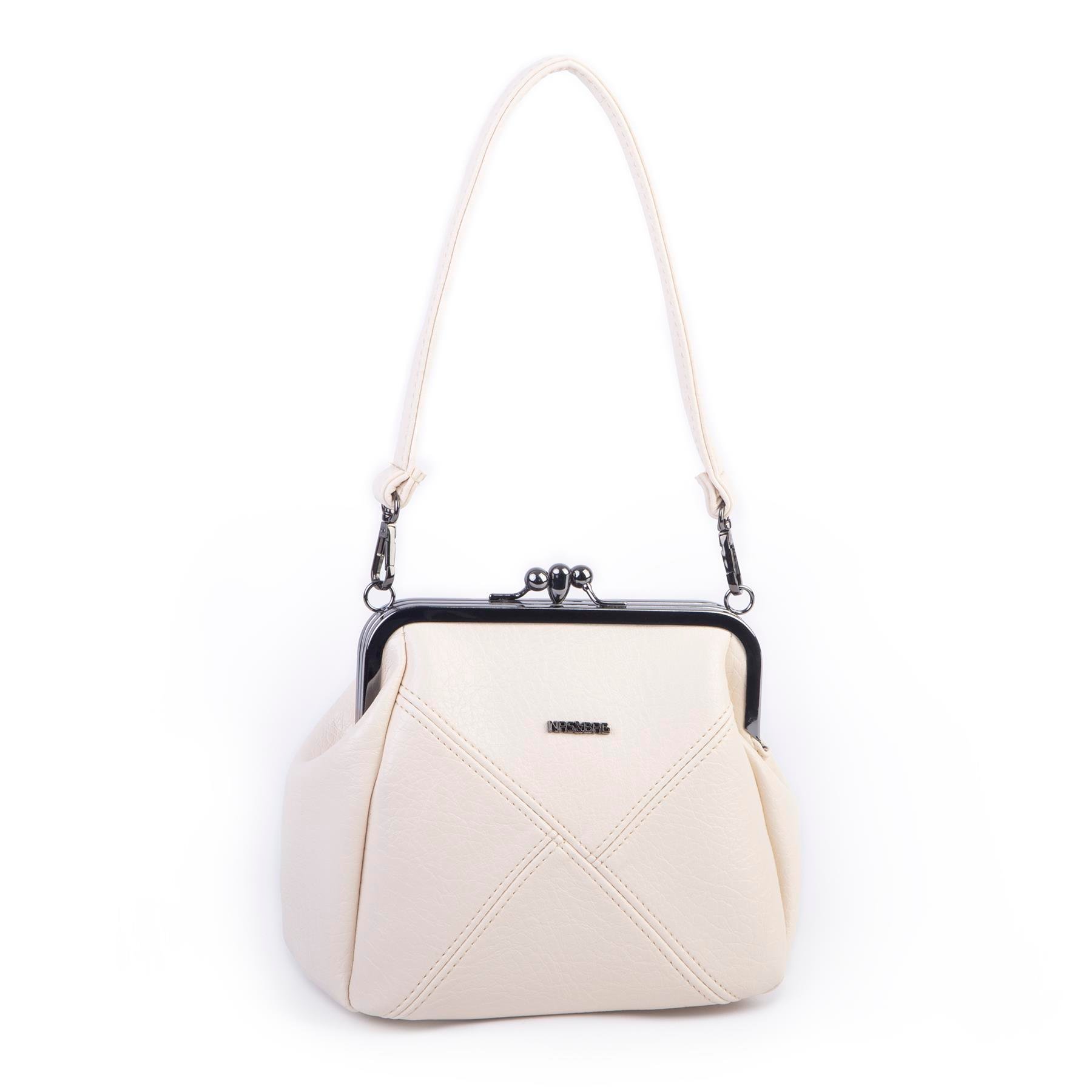 Nas Bag Mini Vintage Burslu Klipsli Kadın Omuz ve Çapraz Çanta Krem Victoria ( 20x17 cm)