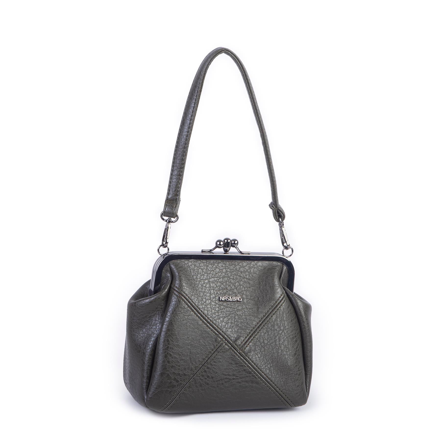 Nas Bag Mini Vintage Burslu Klipsli Kadın Omuz ve Çapraz Çanta Yeşil Victoria ( 20x17 cm)