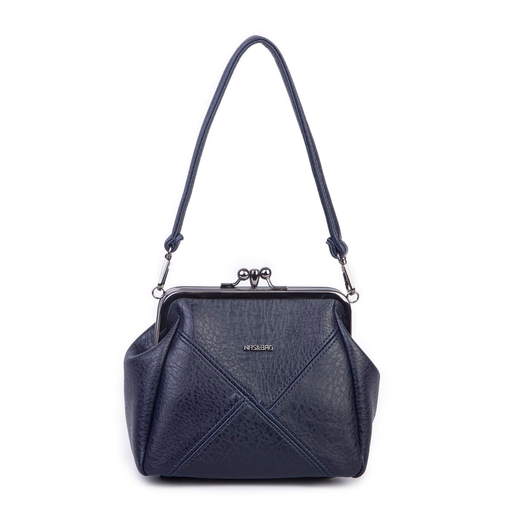 Nas Bag Mini Vintage Burslu Klipsli Kadın Omuz ve Çapraz Çanta Lacivert Victoria  ( 20x17 cm)