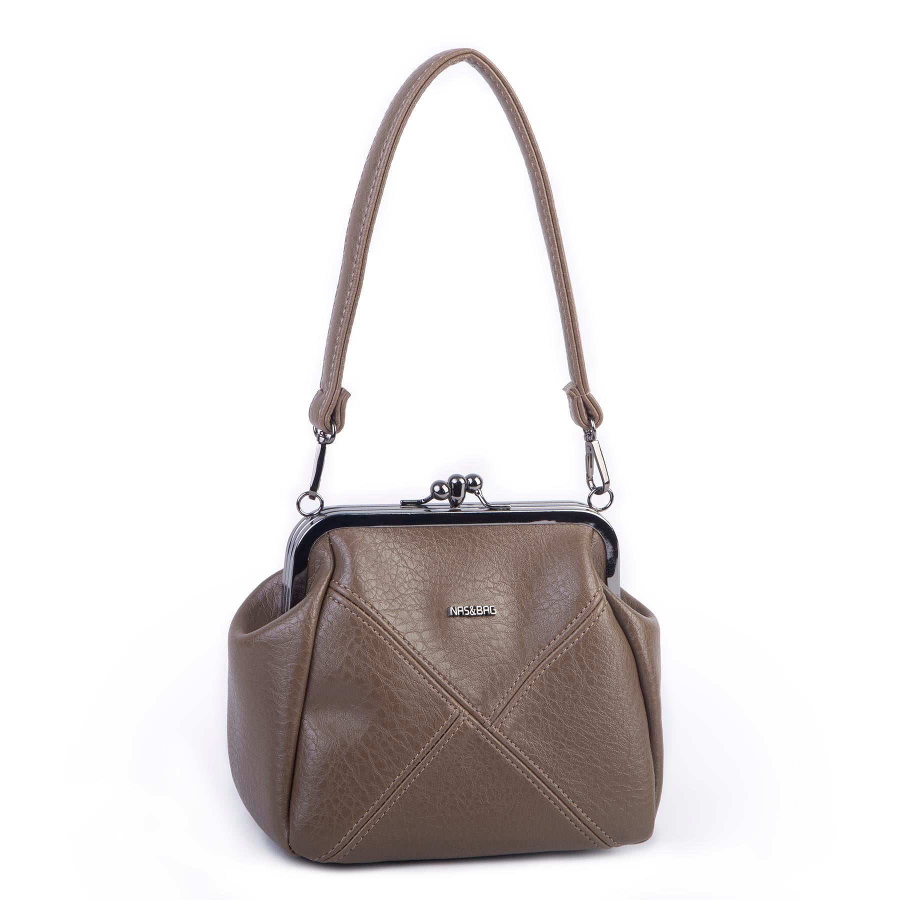 Nas Bag Mini Vintage Burslu Klipsli Kadın Omuz ve Çapraz Çanta Vizon Victoria ( 20x17 cm)