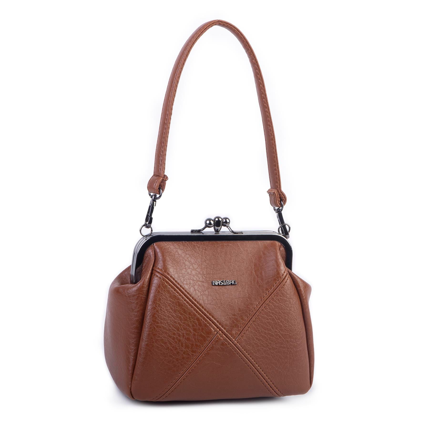 Nas Bag Mini Vintage Burslu Klipsli Kadın Omuz ve Çapraz Çanta Taba Victoria ( 20x17 cm)