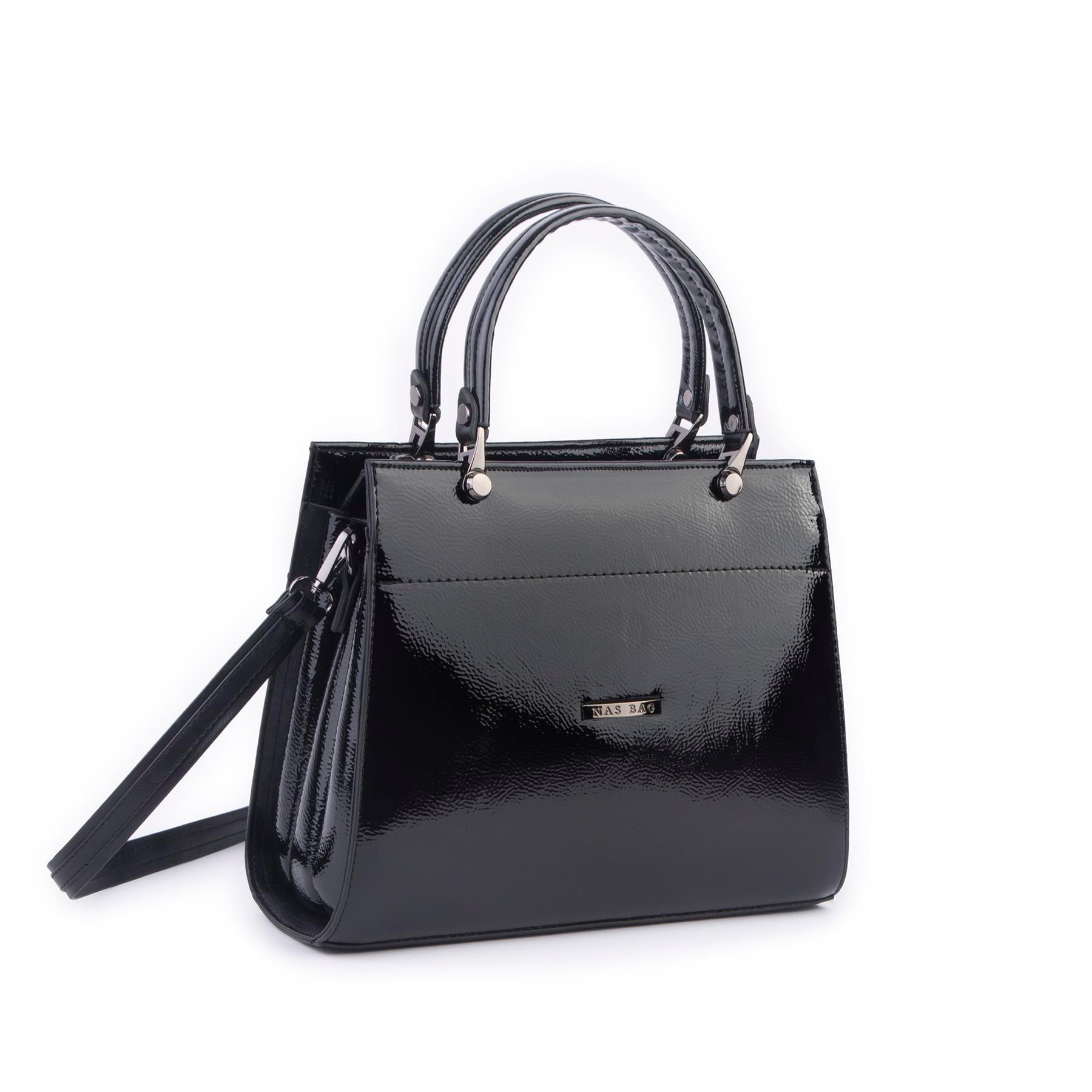 Nas Bag Orjinal Kadın El ve Omuz Çantası Klasik Şık Siyah Krsk Rugan (En :30 cm Boy:26cm)