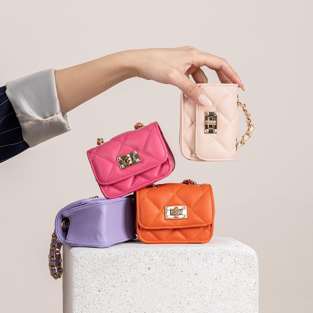 Nas Bag Orjinal Mini Çapraz Cüzdan Çanta Kapitone Zincir Detaylı Fuşya  Dona