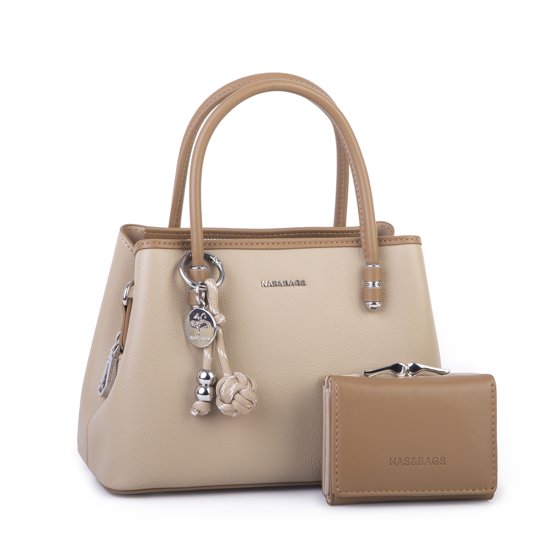 Nas Bag Premium 2li set Çanta El Omuz ve Çapraz Çanta Cüzdan Vizon