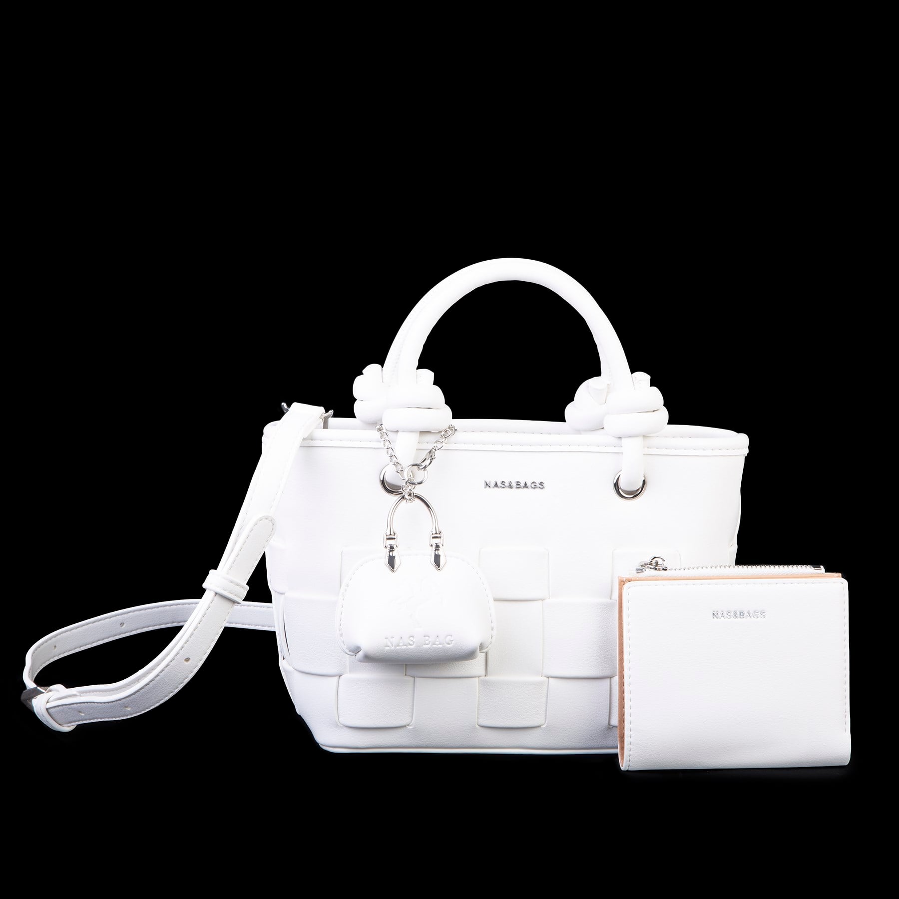 Nas Bag Premium Şık Kadın 2 li Set ve Charmlı ve Cüzdanlı  El ve Çapraz Çanta Beyaz