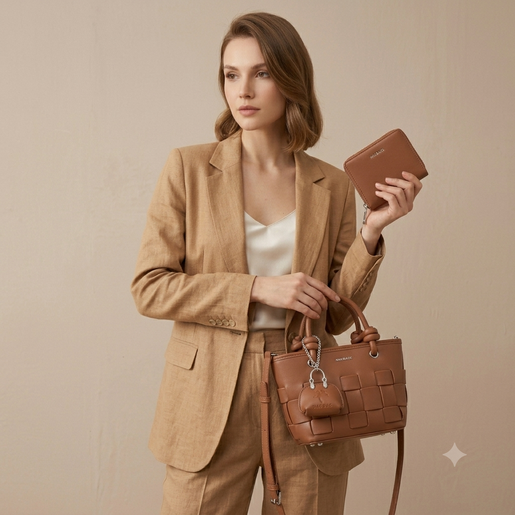 Nas Bag Premium Şık Örgü Detaylı Kadın 2 li Set ve Charmlı ve Cüzdanlı  El ve Çapraz Çanta Taba