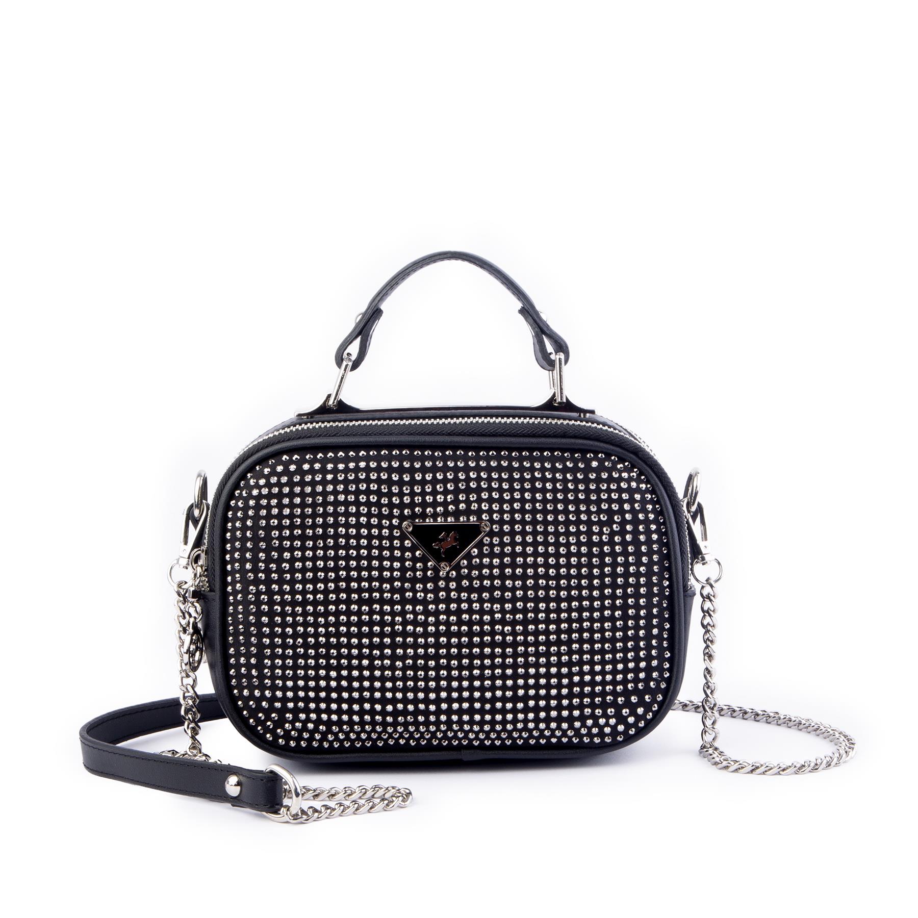 Nas Bag Zincirli Kapitone Çift Gözlü El ve Çapraz Çanta Siyah Gümüş Taşlı ( 21x16 cm )