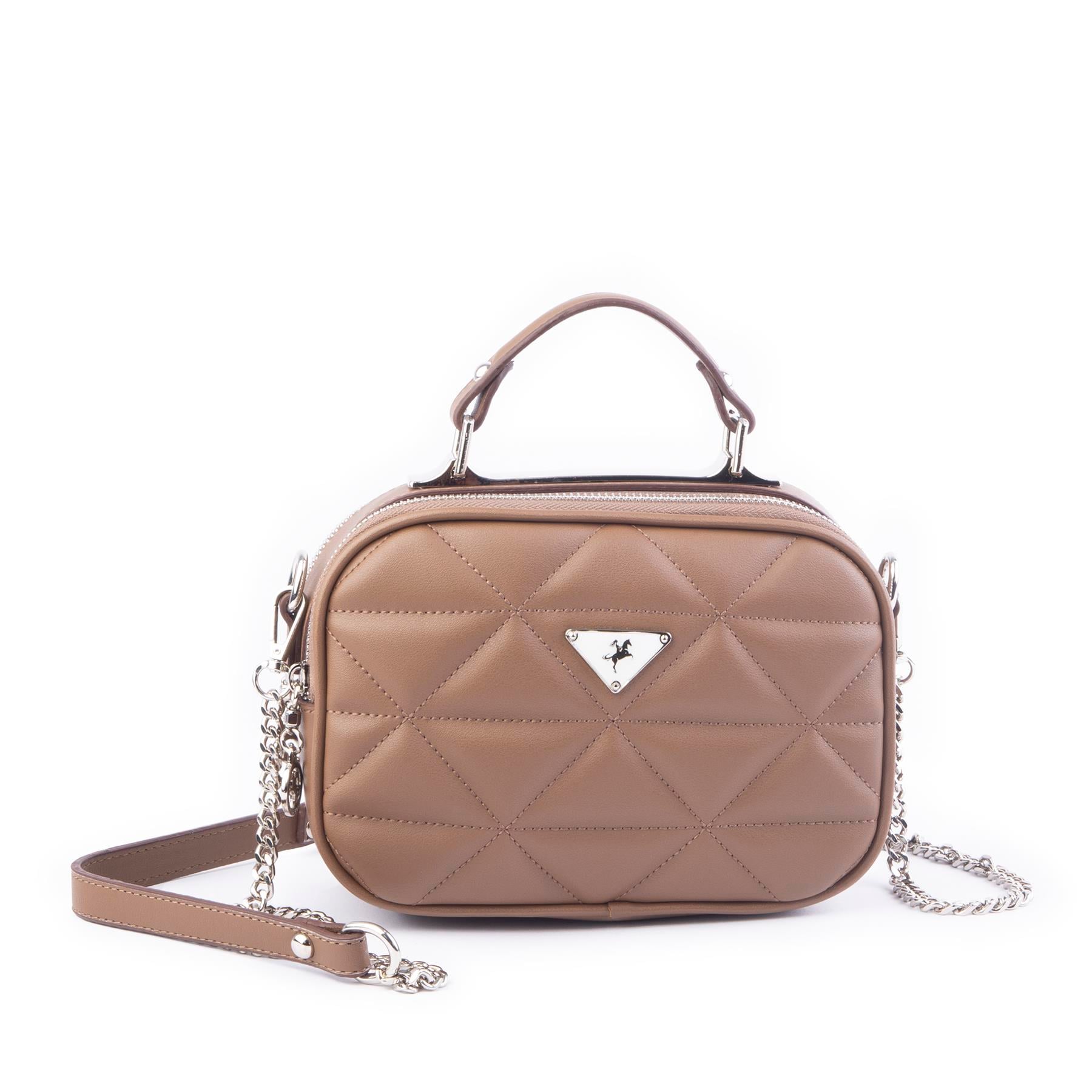 Nas Bag Zincirli Kapitone Çift Gözlü El ve Çapraz Çanta Vizon Dona ( 21x16 cm )